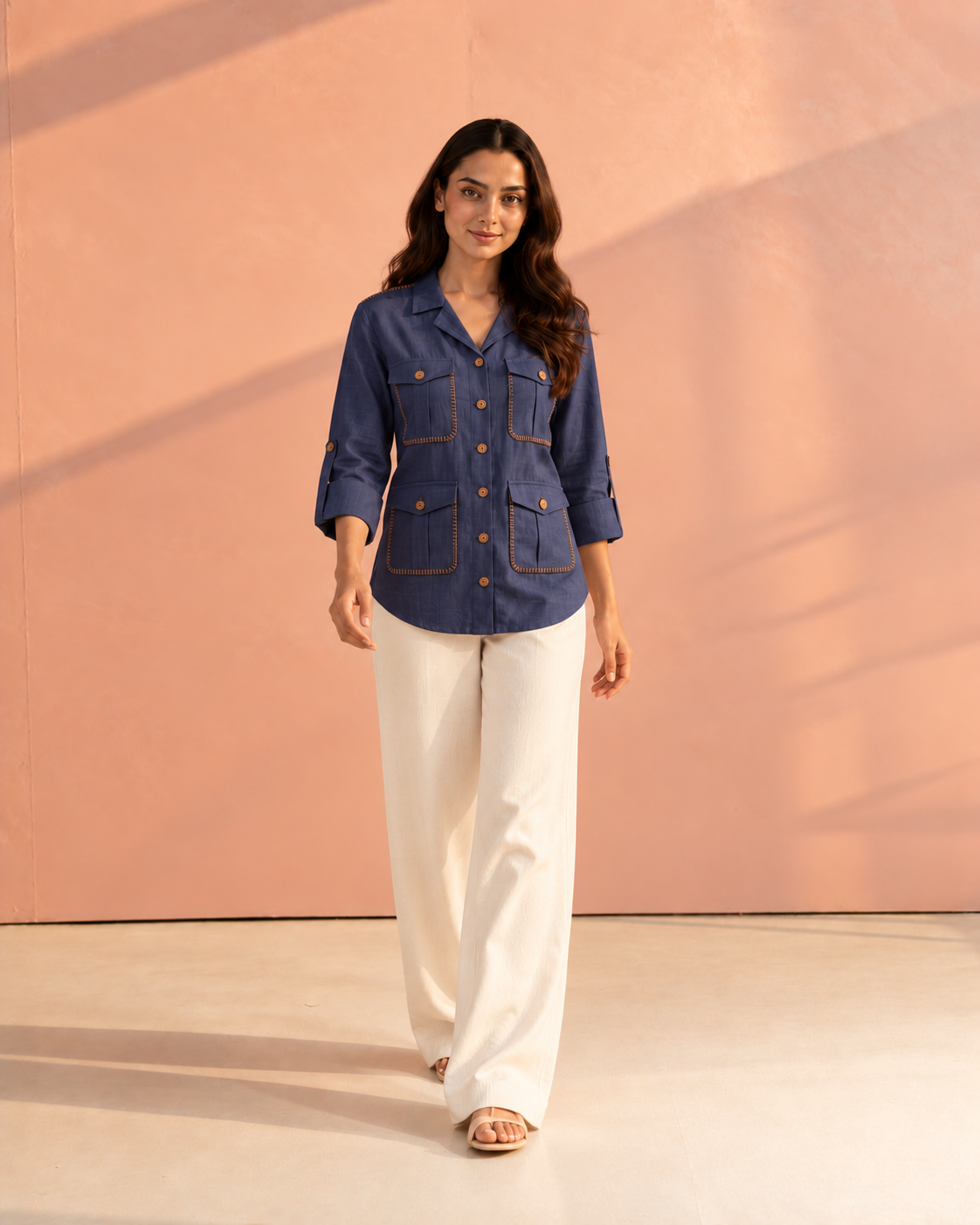 Blue Cuban Collar Roll-Up Sleeve Curved Hunter Shirt For Women