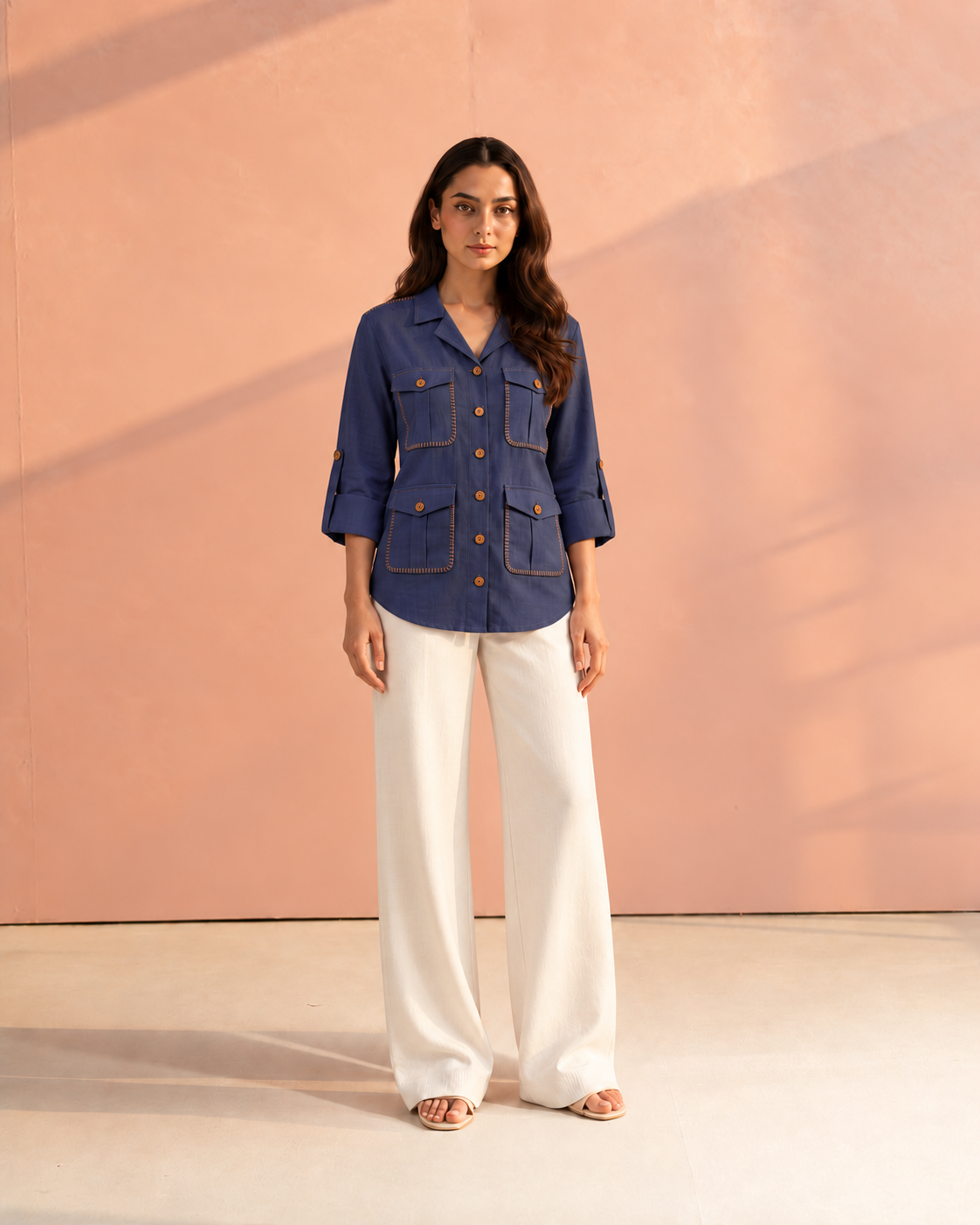 Blue Cuban Collar Roll-Up Sleeve Curved Hunter Shirt For Women