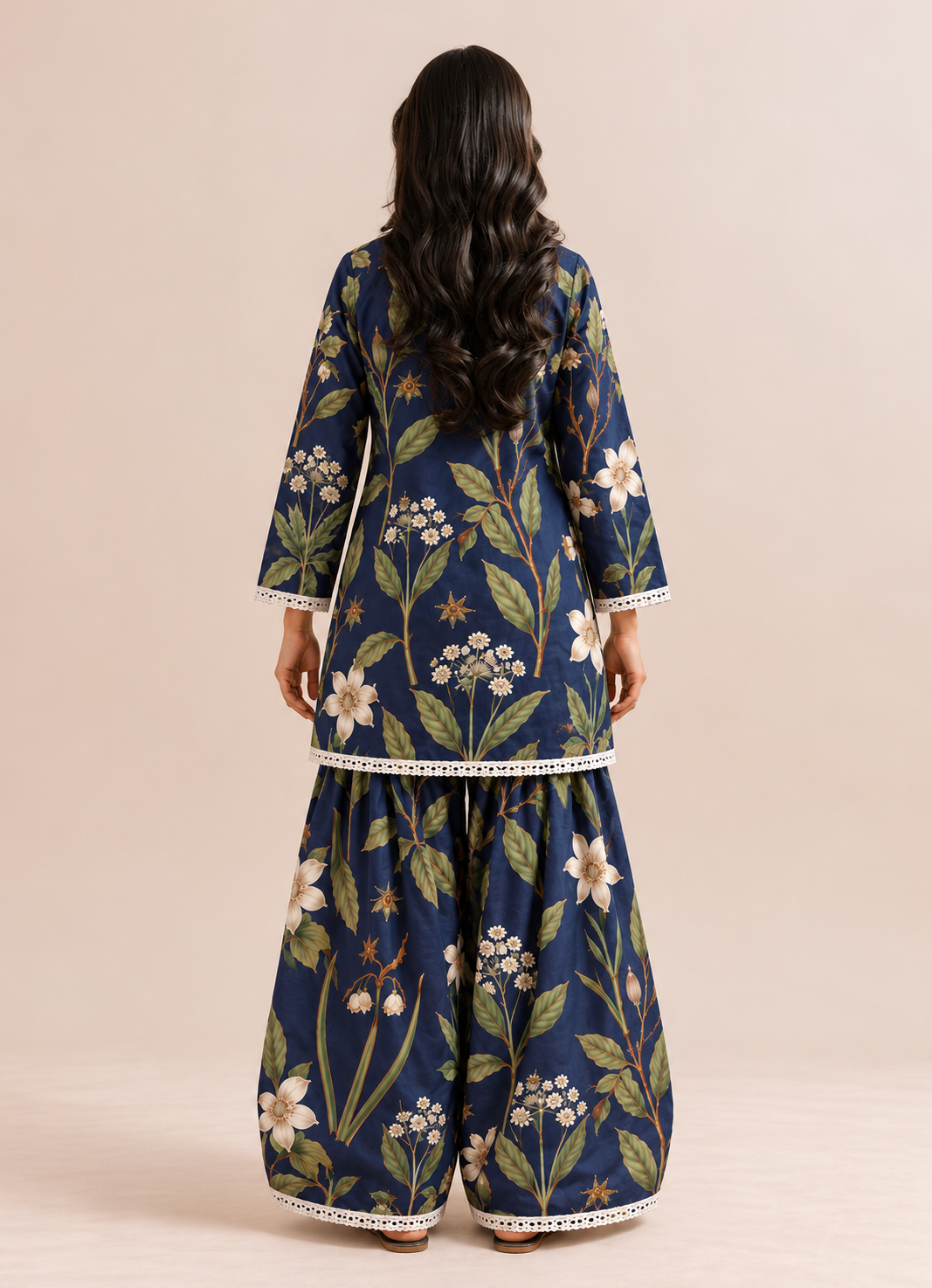 Navy Blue Floral Print Farshi Tunic & Palazzo Co-Ord Set For Women