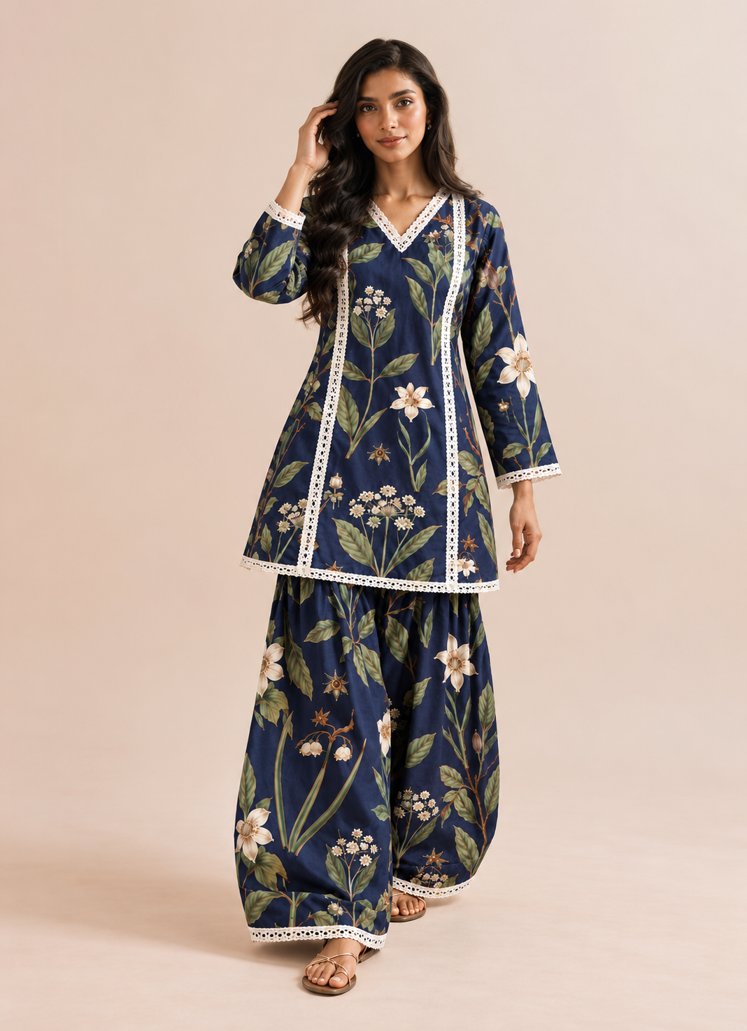 Navy Blue Floral Print Farshi Tunic & Palazzo Co-Ord Set For Women