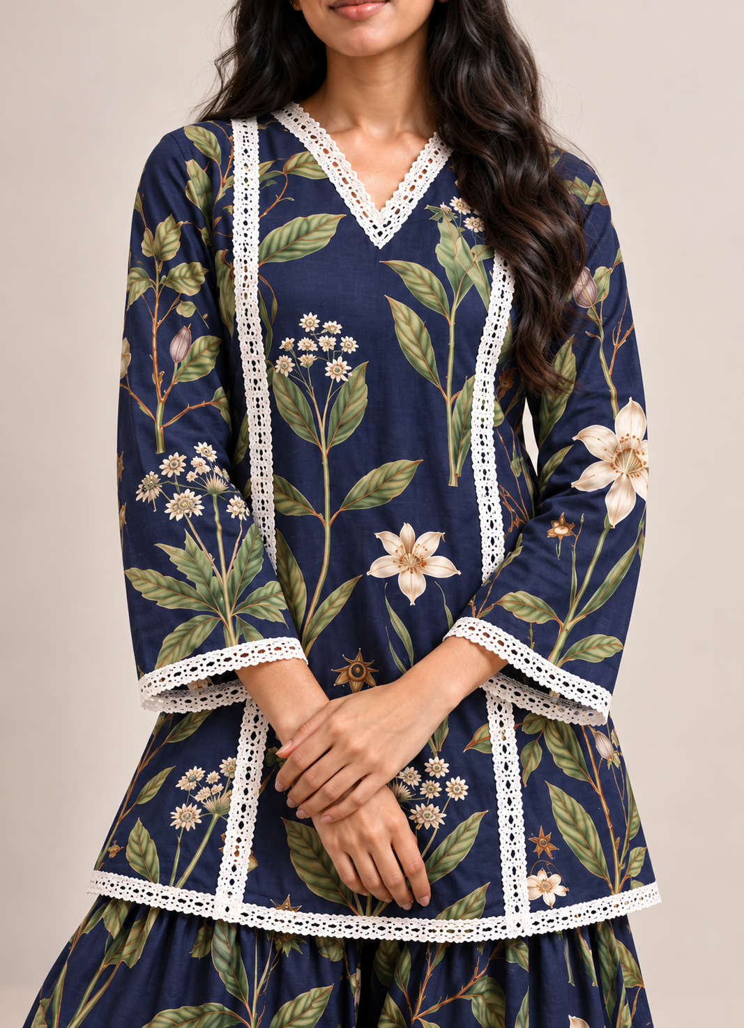 Navy Blue Floral Print Farshi Tunic & Palazzo Co-Ord Set For Women