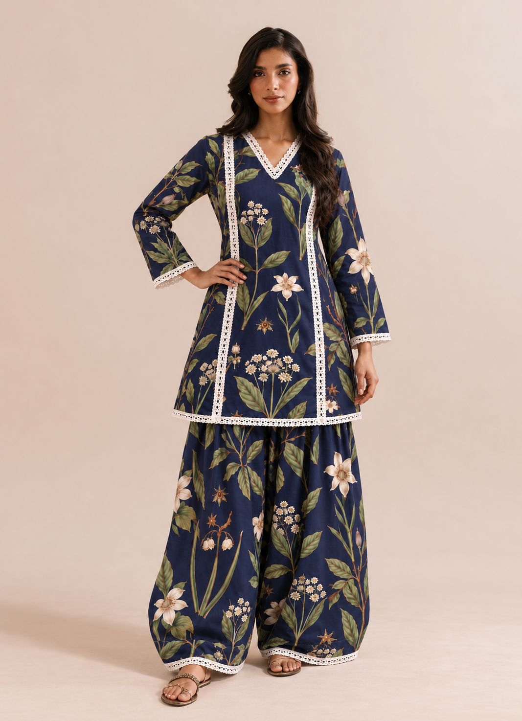 Navy Blue Floral Print Farshi Tunic & Palazzo Co-Ord Set For Women