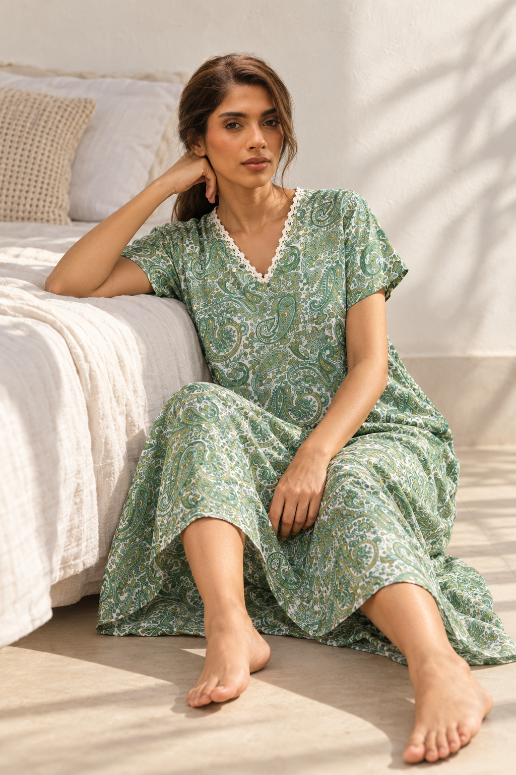 Blue V-Neck Paisley Maxi Length Pure Cotton Nighty For Women