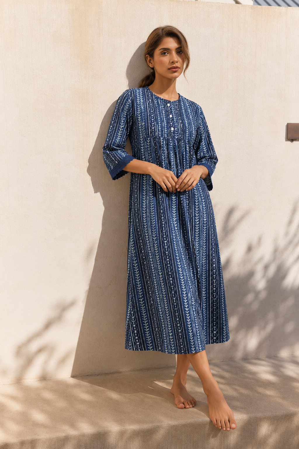 Navy Blue Round Neck Pure Cotton Striped Nighty For Women