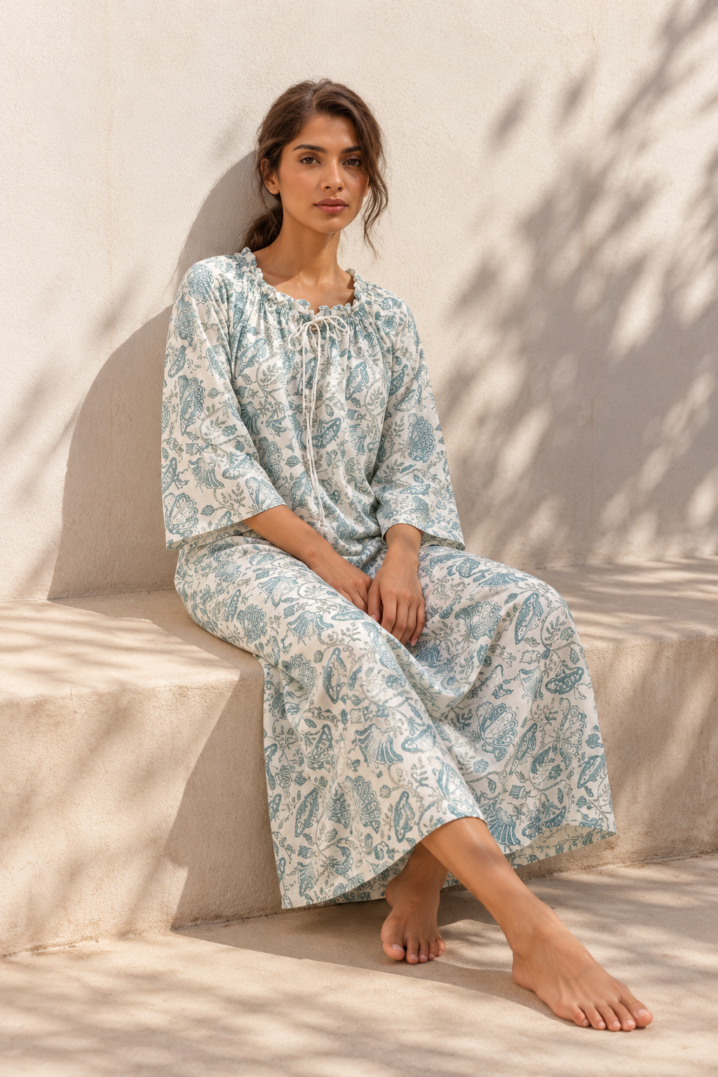 Off White Square Neck Pure Cotton Floral Nighty For Women