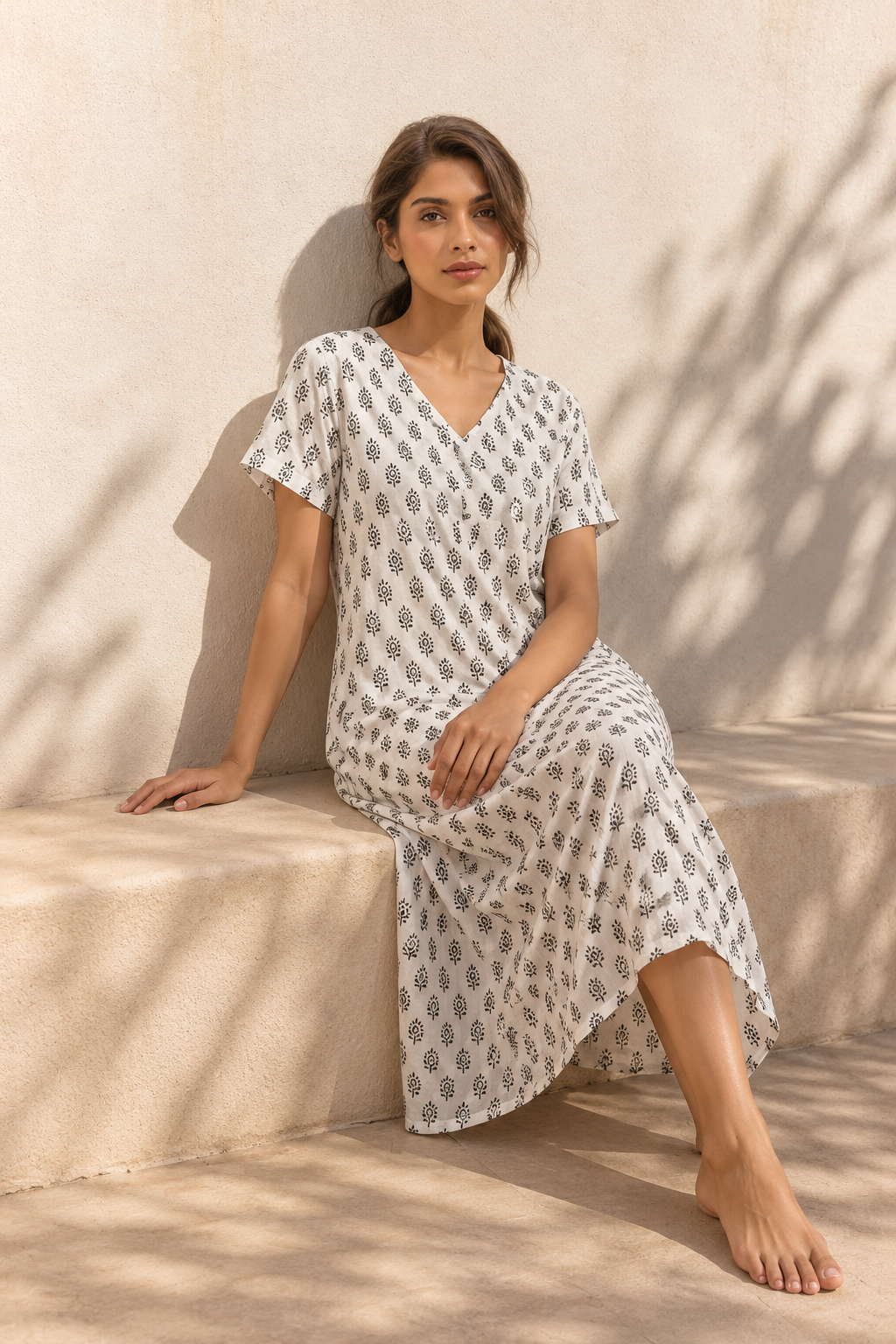 White V-Neck Pure Cotton Ethnic Motifs Pure Cotton Nighty For Women