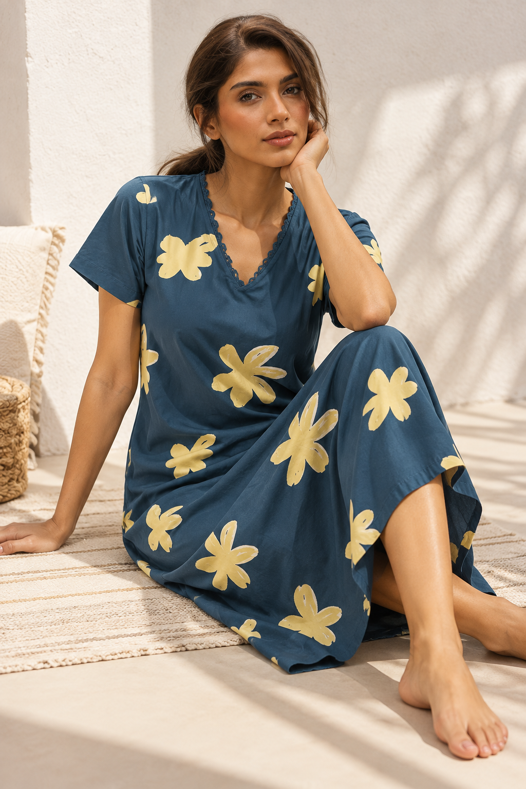 Navy Blue Floral Print V-Neck Pure Cotton Nighty For Women