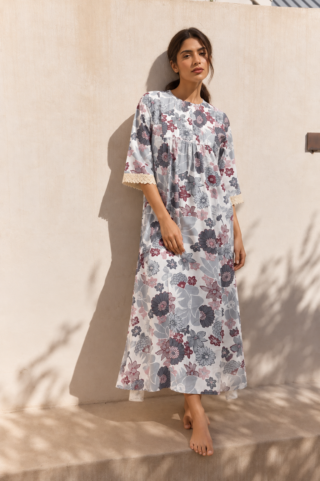 Blue Round Neck Floral Print Pure Cotton Nighty For Women
