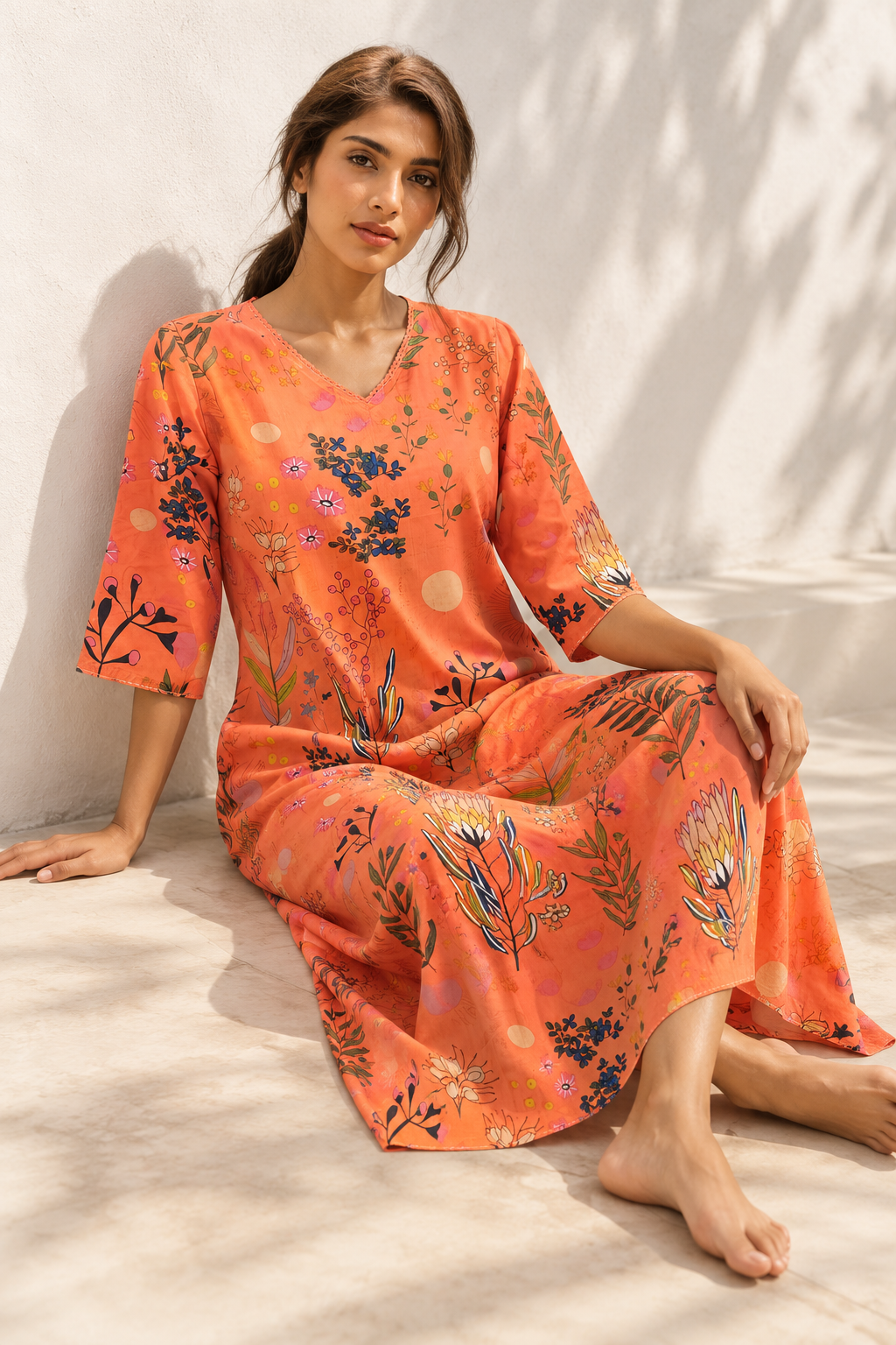 Orange V-Neck Floral Prinr Maxi Pure Cotton Nighty For Women