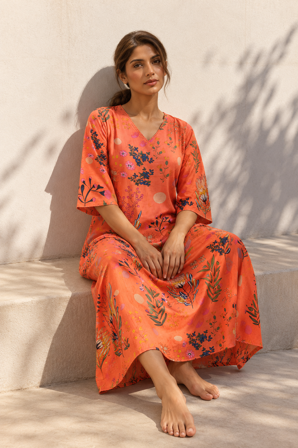 Orange V-Neck Floral Prinr Maxi Pure Cotton Nighty For Women