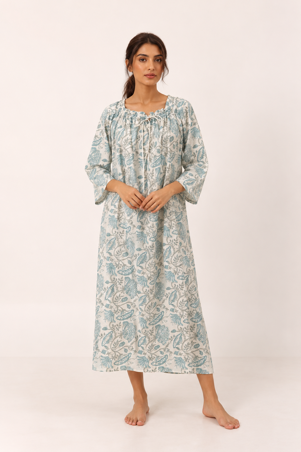 Off White Square Neck Pure Cotton Floral Nighty For Women