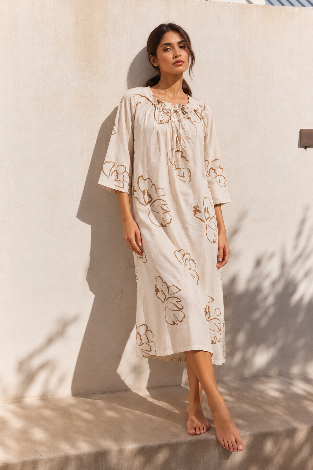 Off White Square Neck Knee Length Pure Cotton Floral Nighty For Women