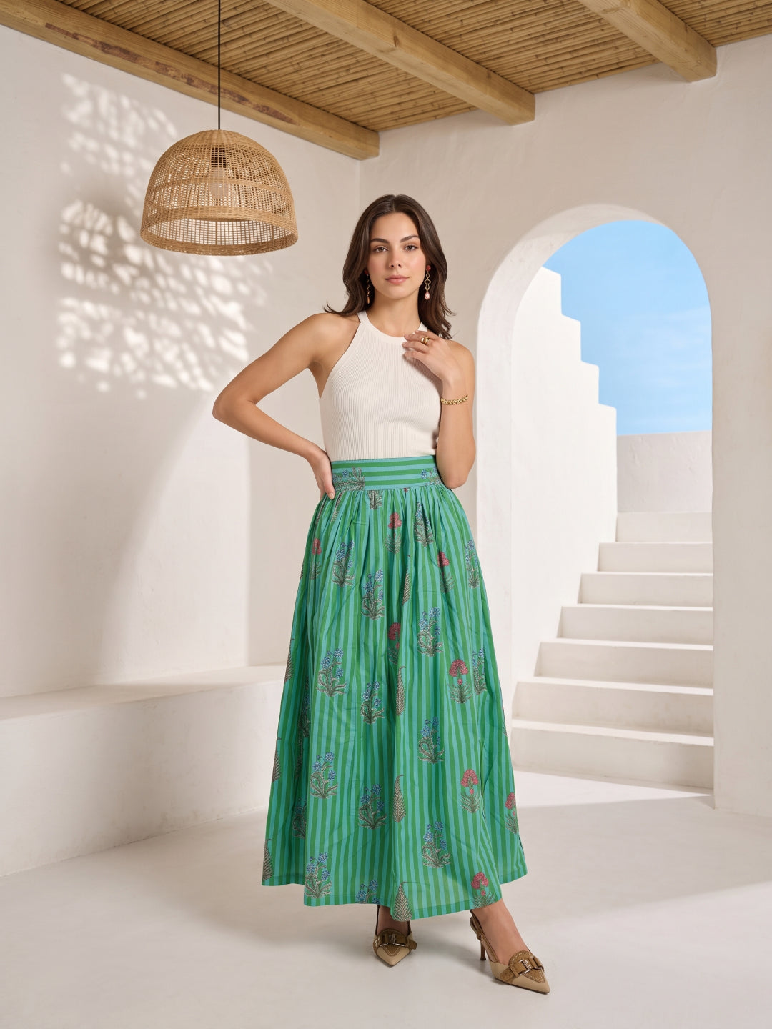 Green Floral Striped Print Pure Cotton Flared Maxi Skirt For Women