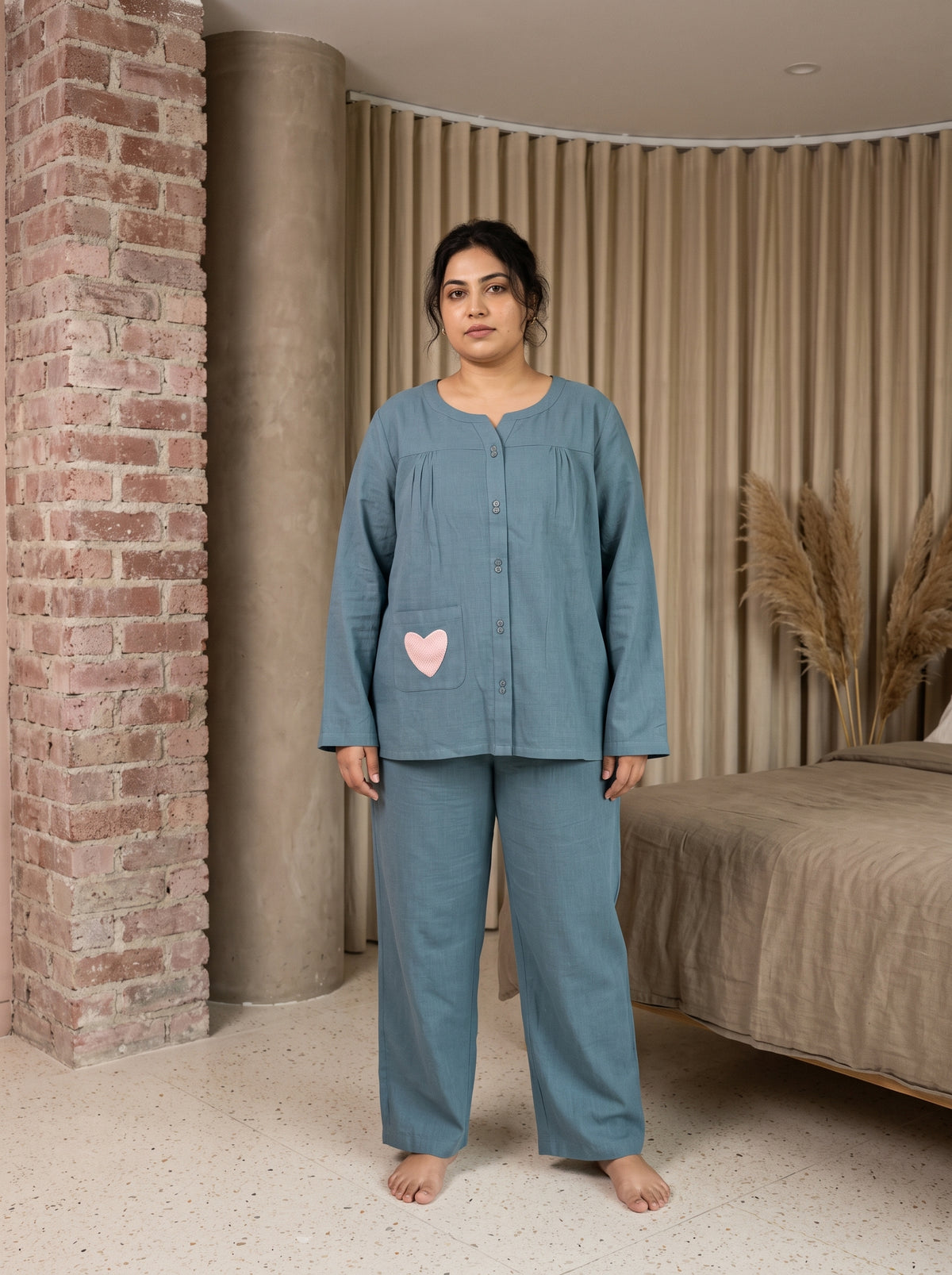 Slate Blue Solid Scoop Neck Cotton Plus Size Night Suit For Women