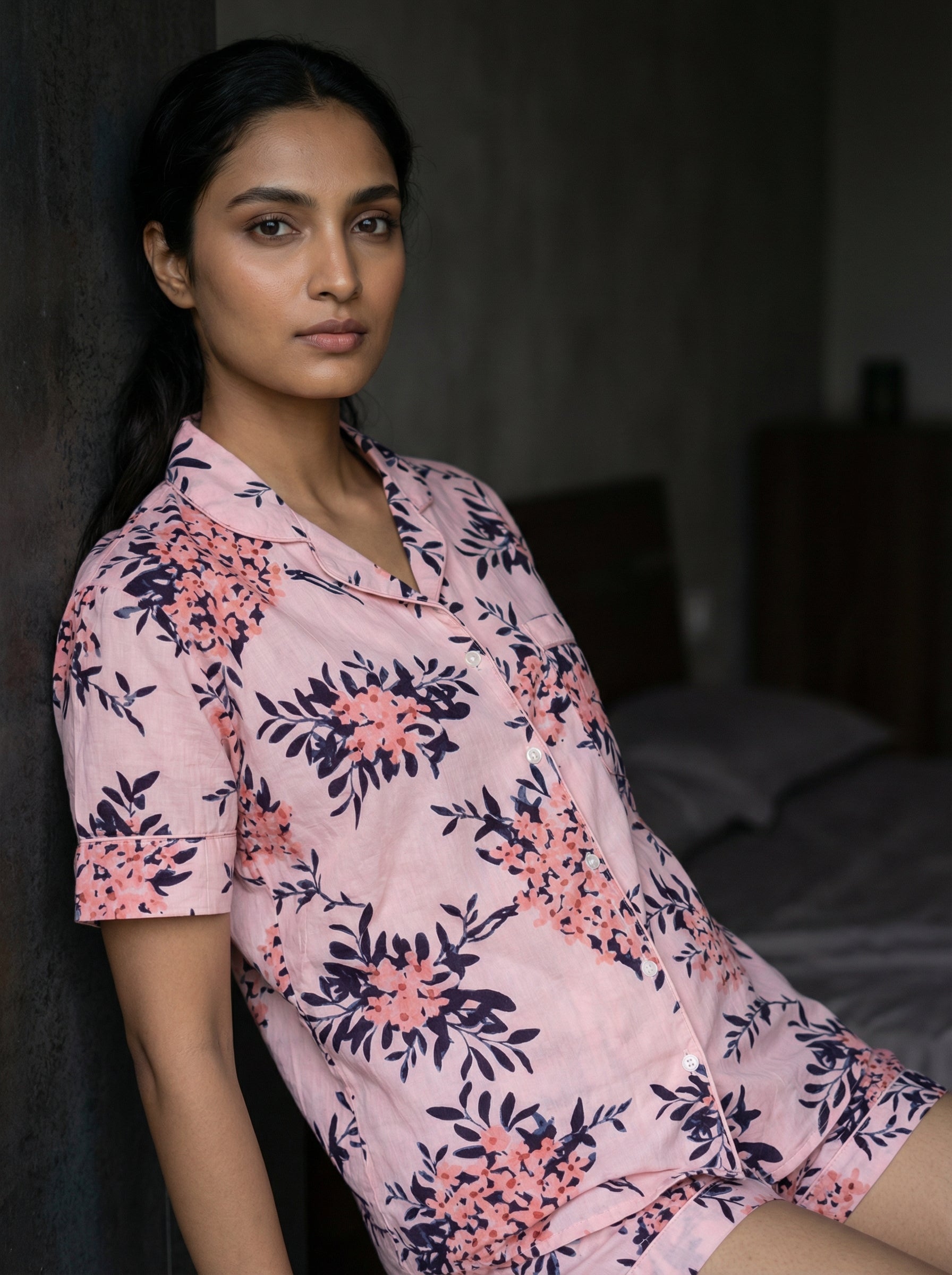 Pink Floral Print Shirt Collar Pure Cotton Night Suit Set for Women