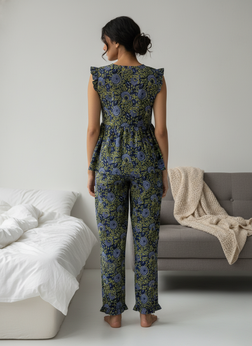 Green Round Neck Floral Print Pure Cotton Night Suit Set for Women