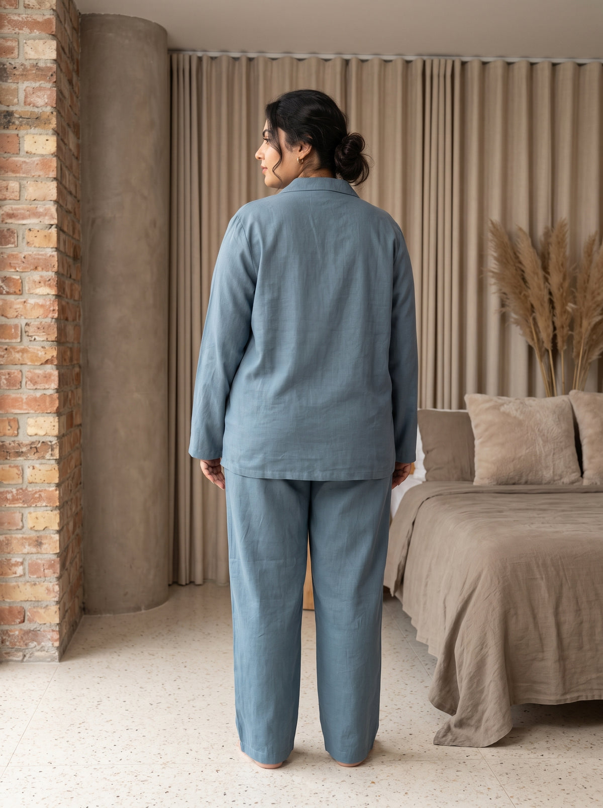 Slate Blue Solid Scoop Neck Cotton Plus Size Night Suit For Women
