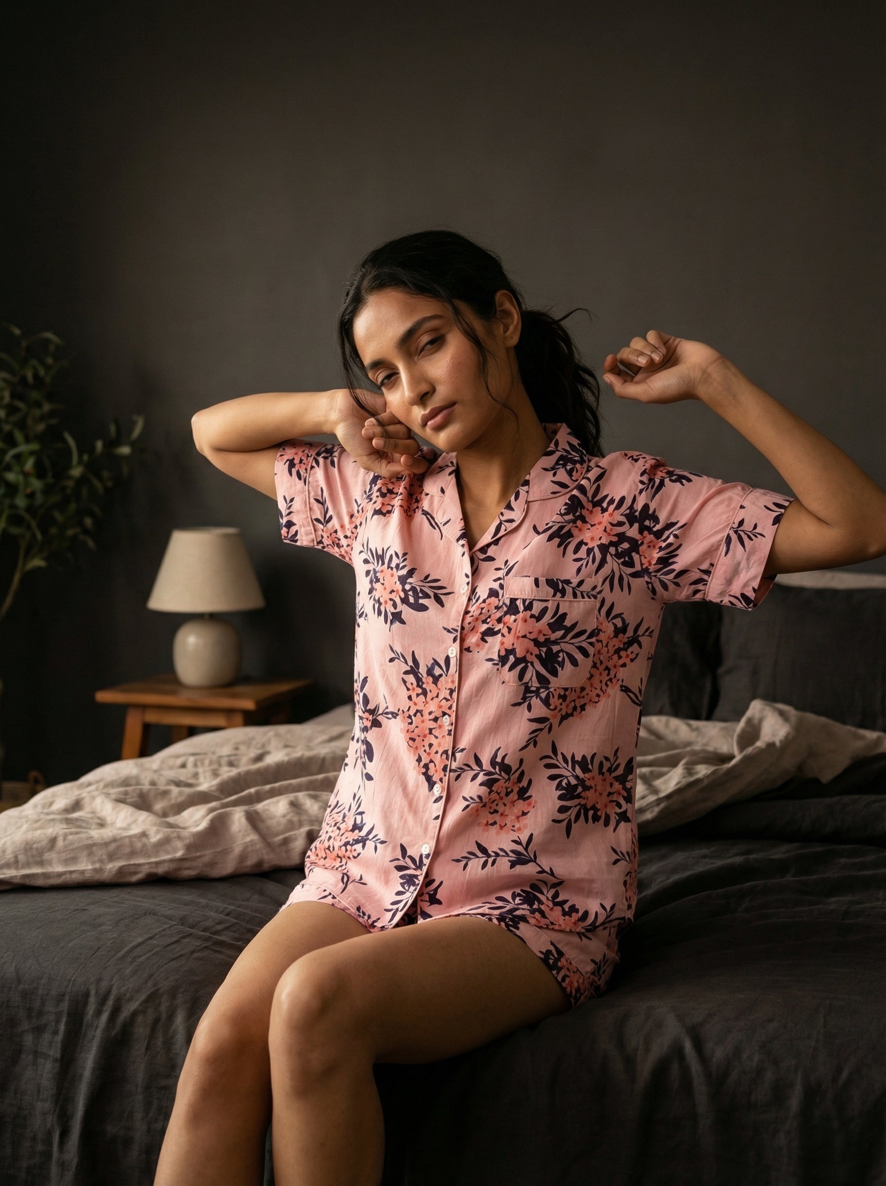 Pink Floral Print Shirt Collar Pure Cotton Night Suit Set for Women