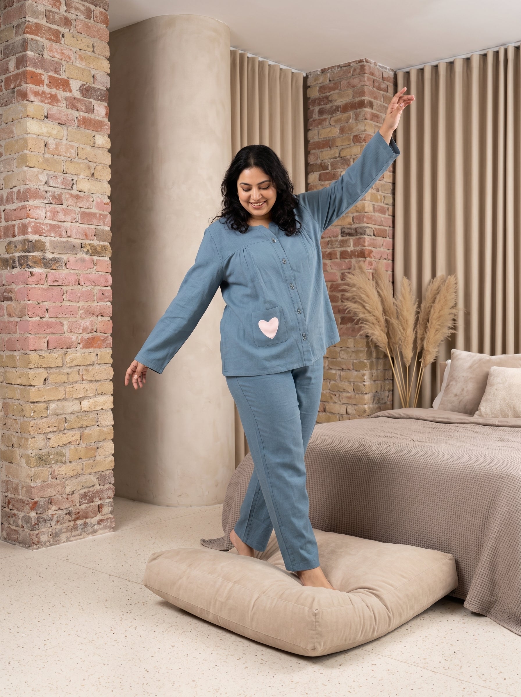 Slate Blue Solid Scoop Neck Cotton Plus Size Night Suit For Women