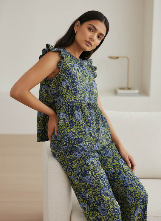 Green Round Neck Floral Print Pure Cotton Night Suit Set for Women