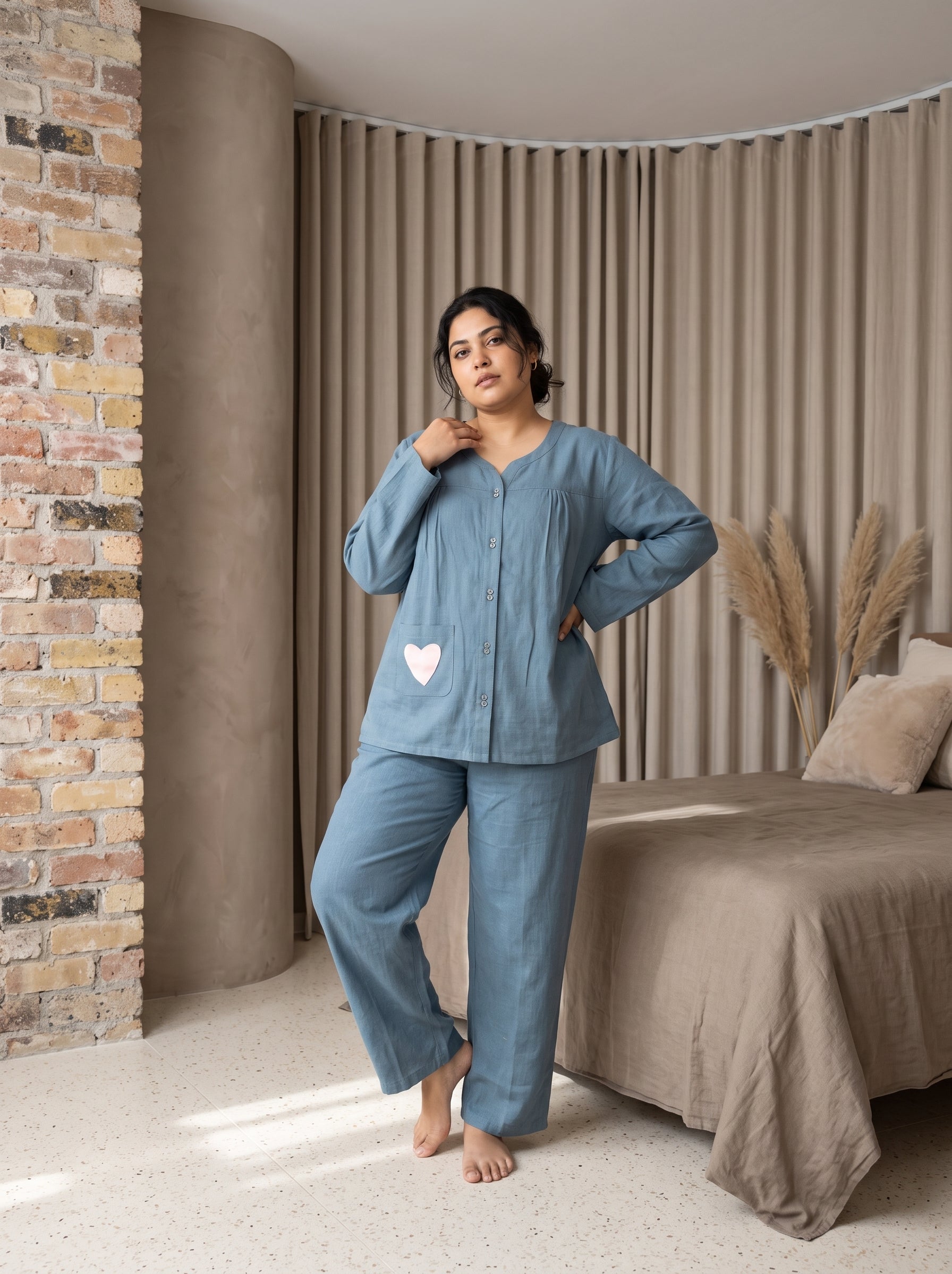 Slate Blue Solid Scoop Neck Cotton Plus Size Night Suit For Women