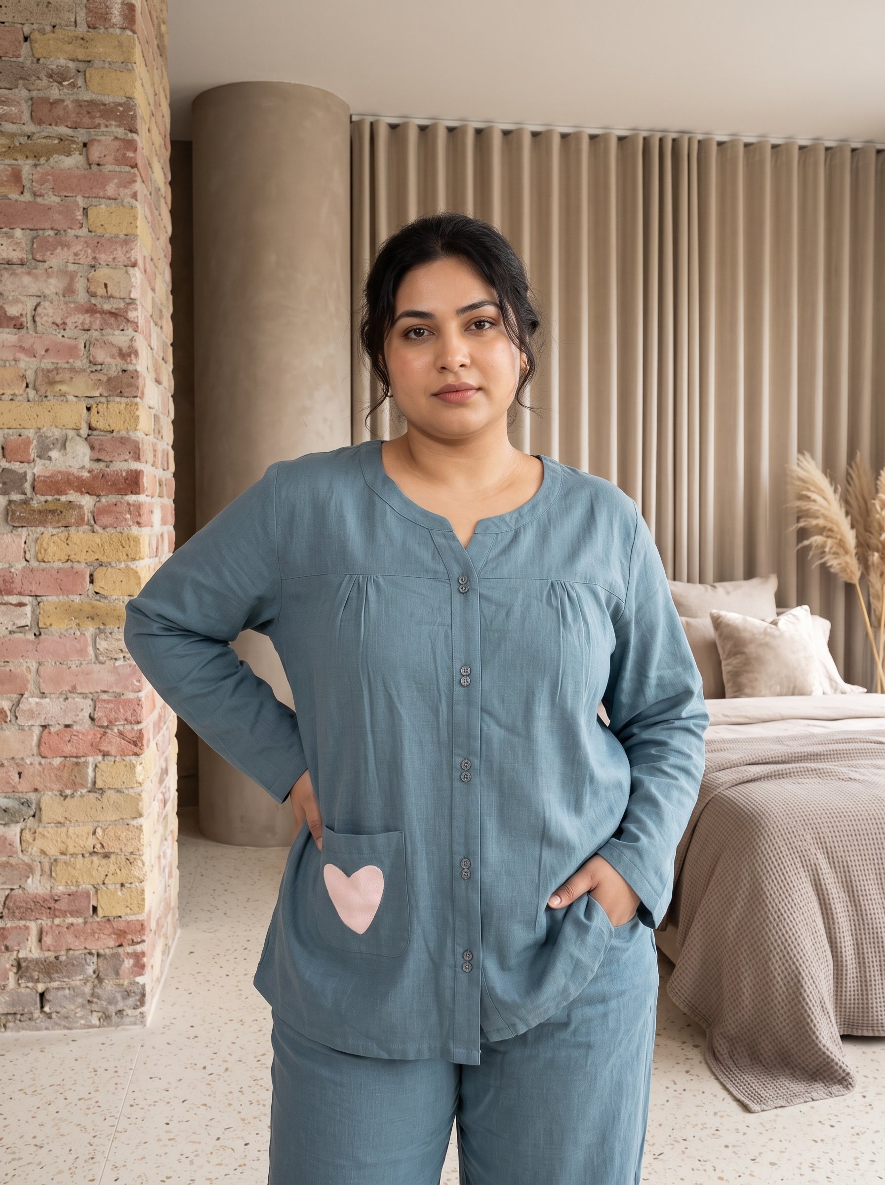 Slate Blue Solid Scoop Neck Cotton Plus Size Night Suit For Women