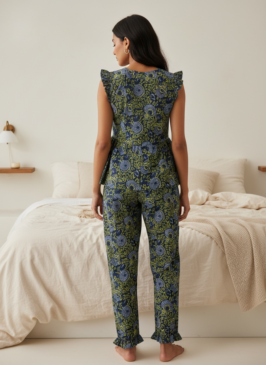 Green Round Neck Floral Print Pure Cotton Night Suit Set for Women