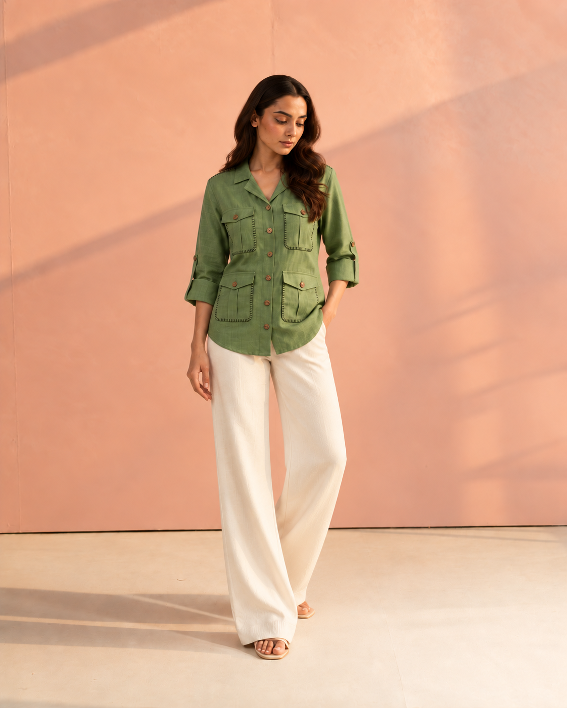 Green Solid Cuban Collar Roll-Up Sleeve Hunter Shirt For Women