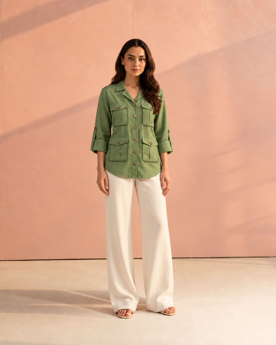 Green Solid Cuban Collar Roll-Up Sleeve Hunter Shirt For Women