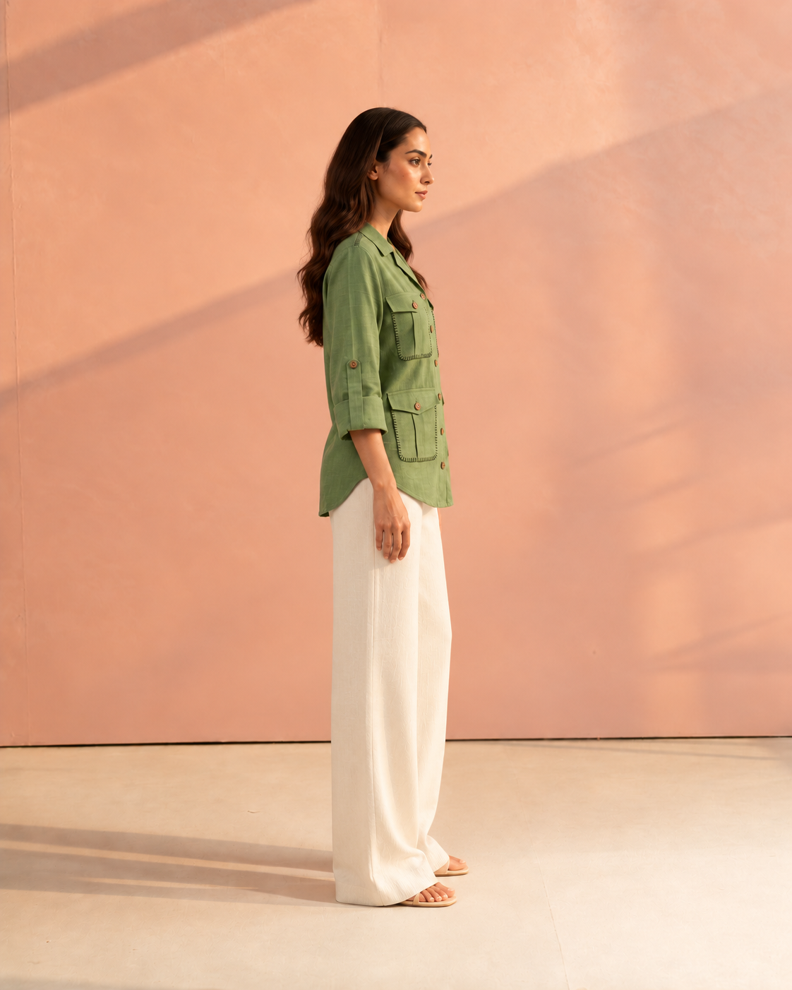 Green Solid Cuban Collar Roll-Up Sleeve Hunter Shirt For Women