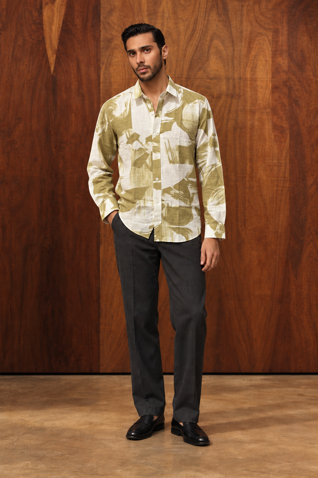 Green Band Collar Abstract Print Cotton Long Sleeve Shirt For Men