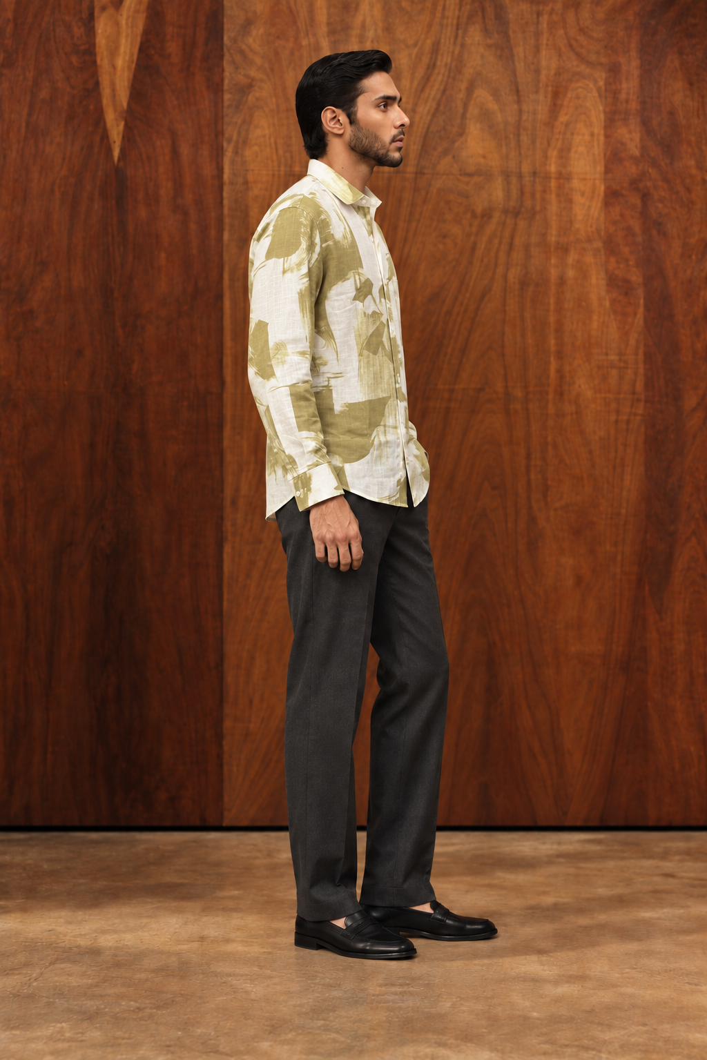 Green Band Collar Abstract Print Cotton Long Sleeve Shirt For Men