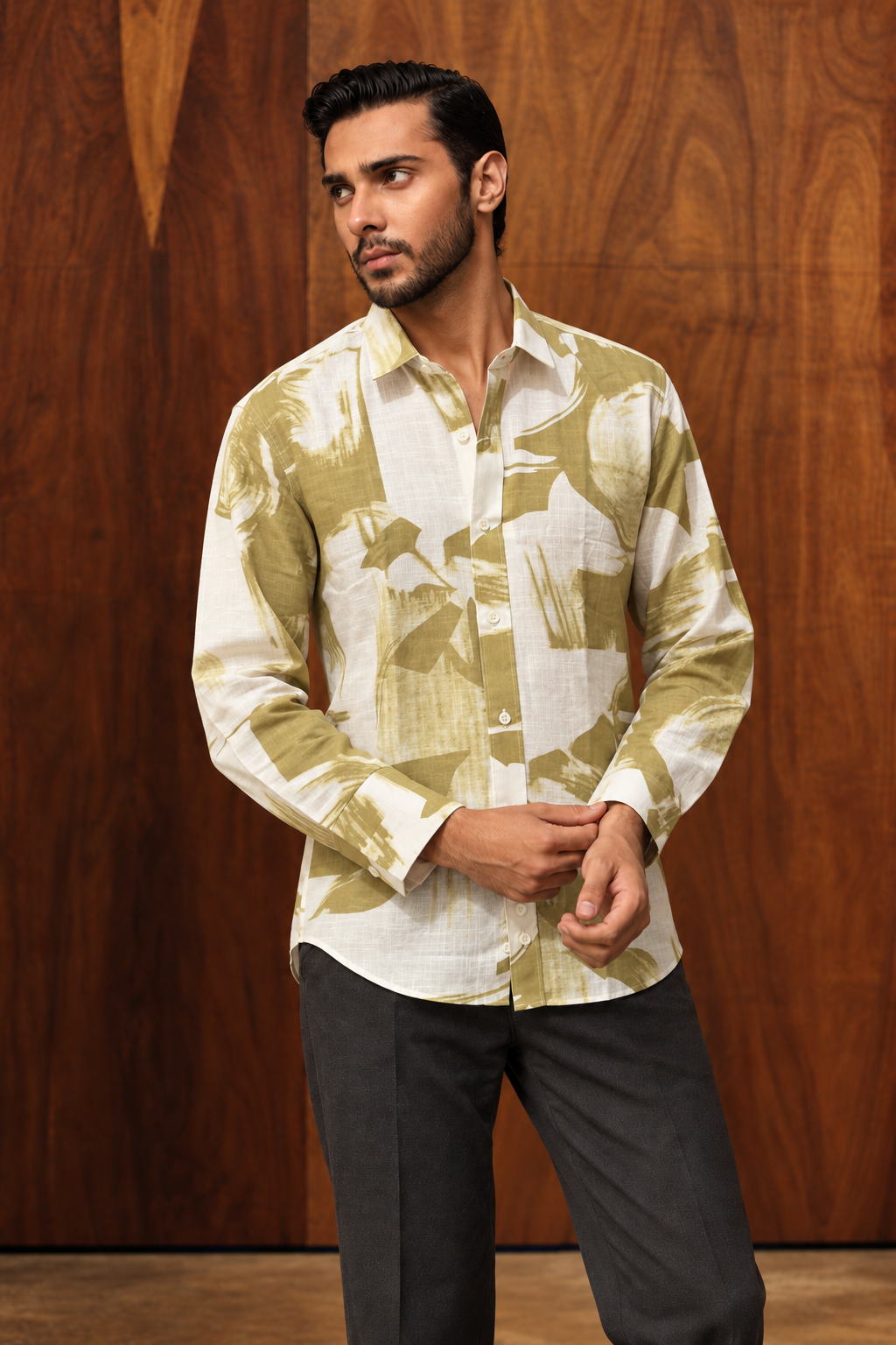 Green Band Collar Abstract Print Cotton Long Sleeve Shirt For Men