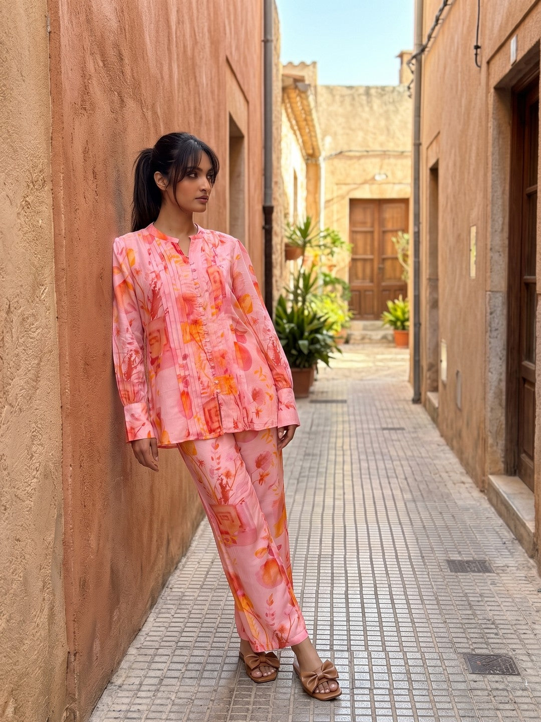 Pink Notch Neck Floral Full Sleeve Co-Ord Set For Women