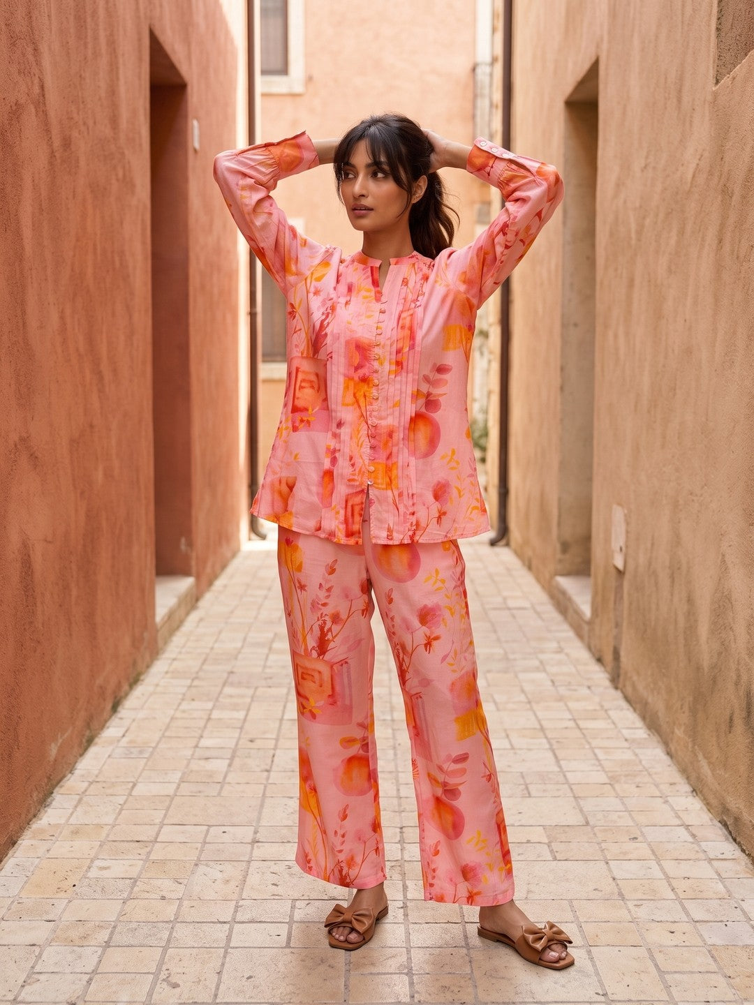 Pink Notch Neck Floral Full Sleeve Co-Ord Set For Women