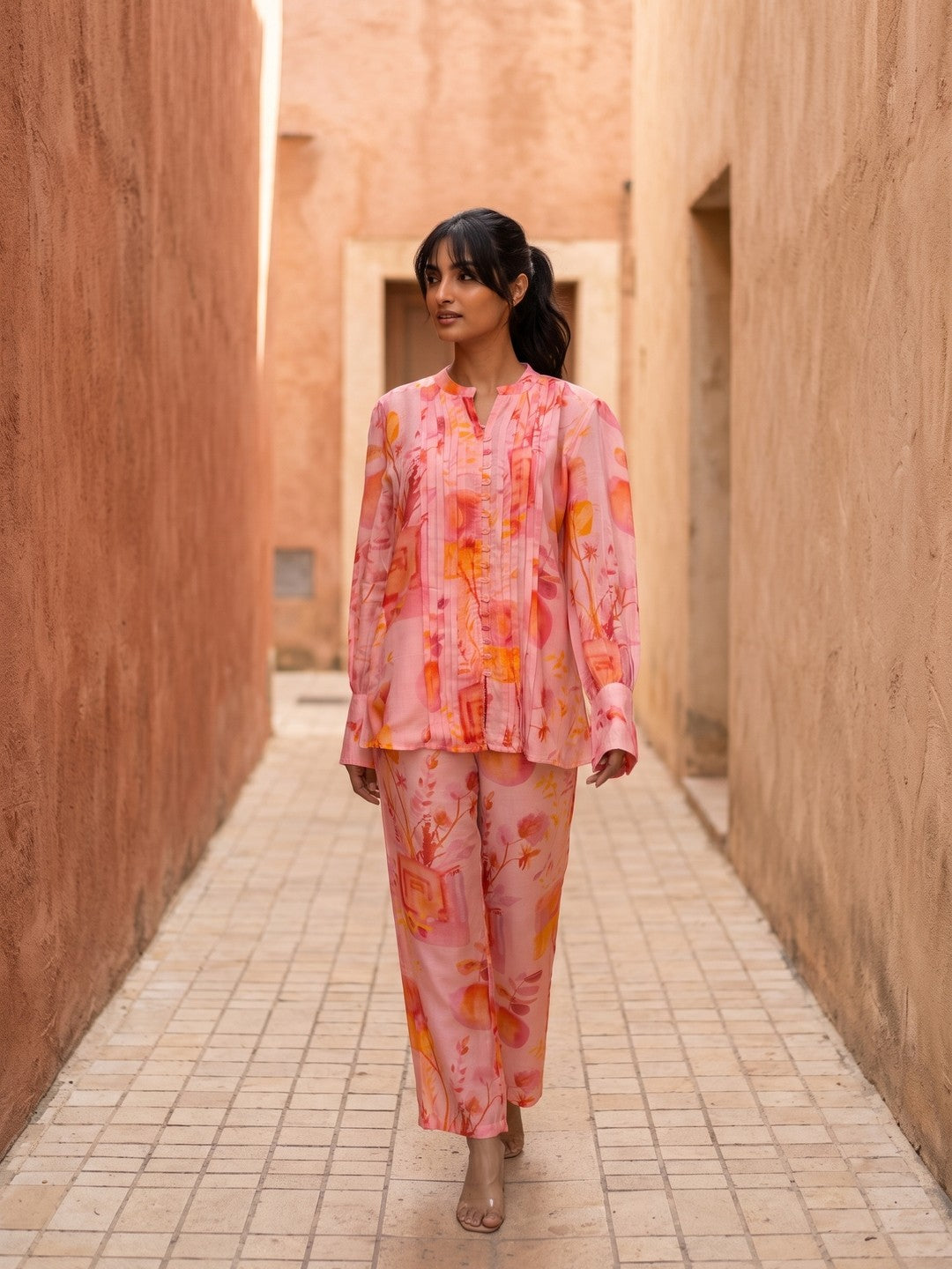 Pink Notch Neck Floral Full Sleeve Co-Ord Set For Women