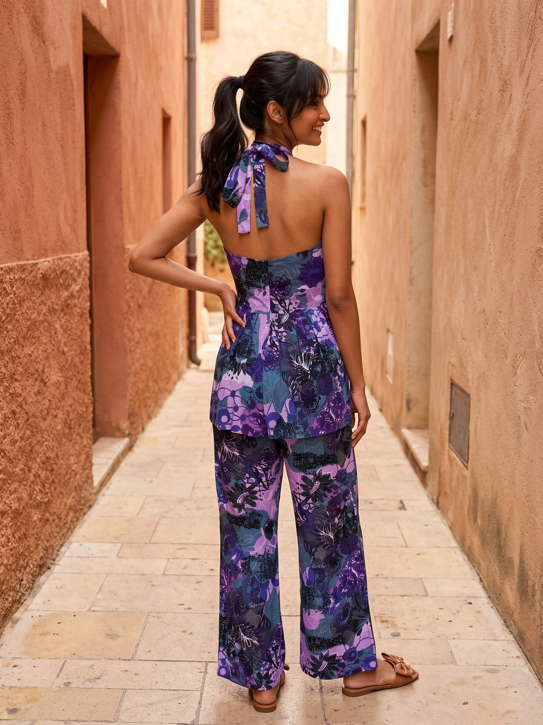 Purple Halter Neck Abstract Pure Cotton Co-Ord Set For Women