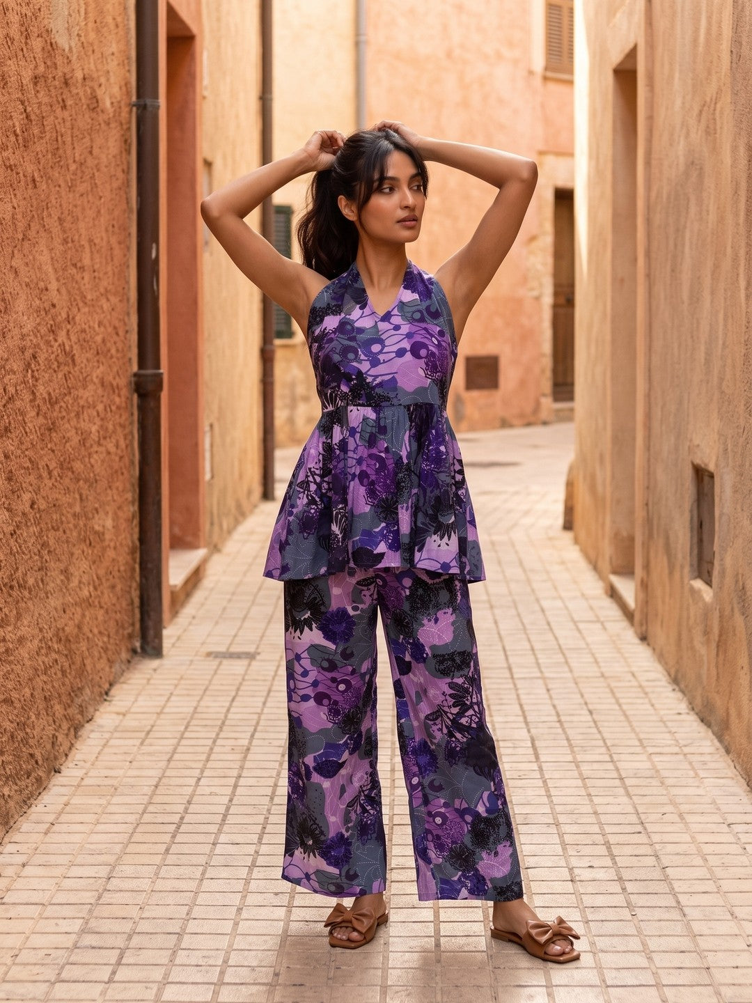 Purple Halter Neck Abstract Pure Cotton Co-Ord Set For Women