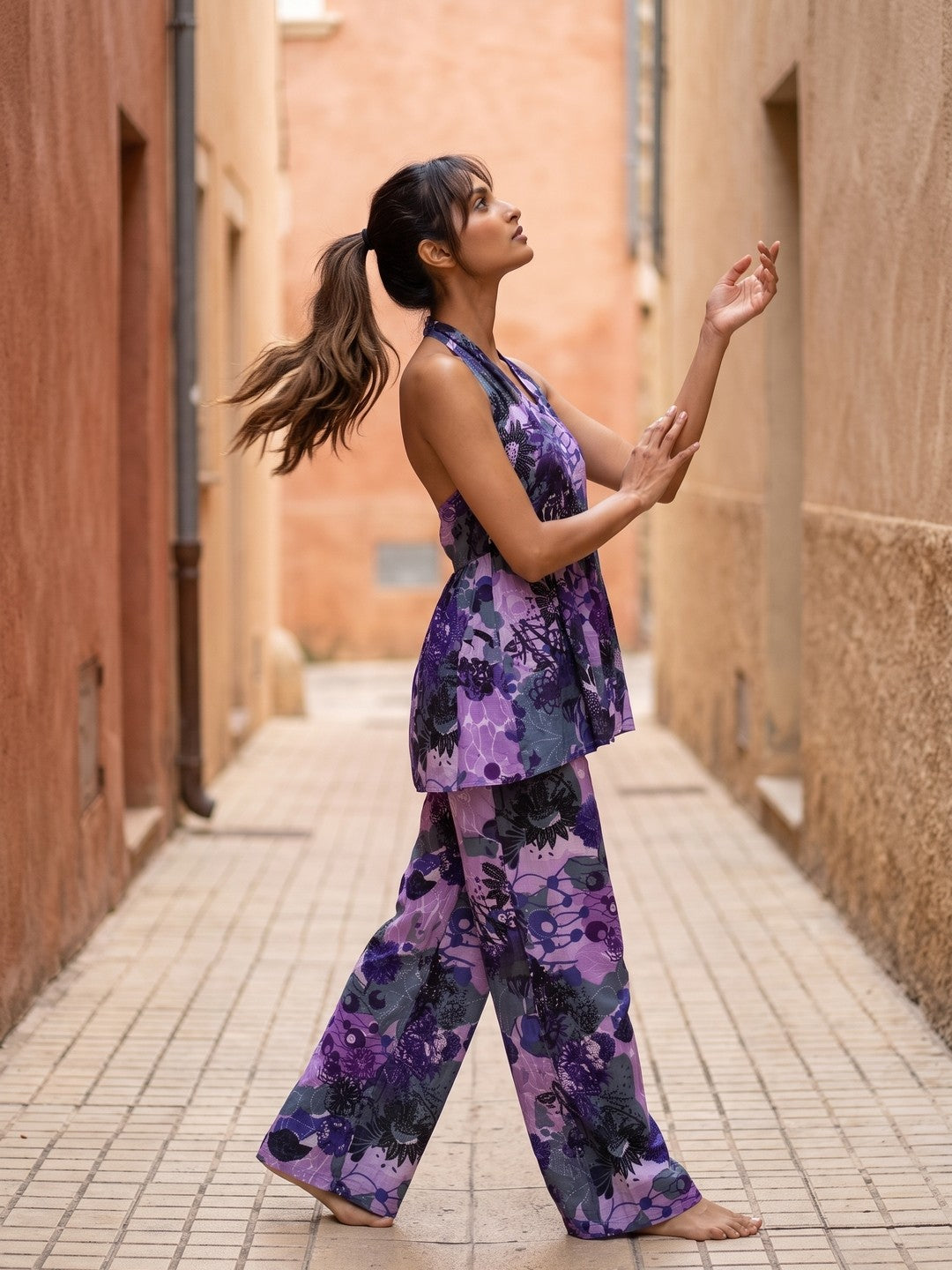 Purple Halter Neck Abstract Pure Cotton Co-Ord Set For Women