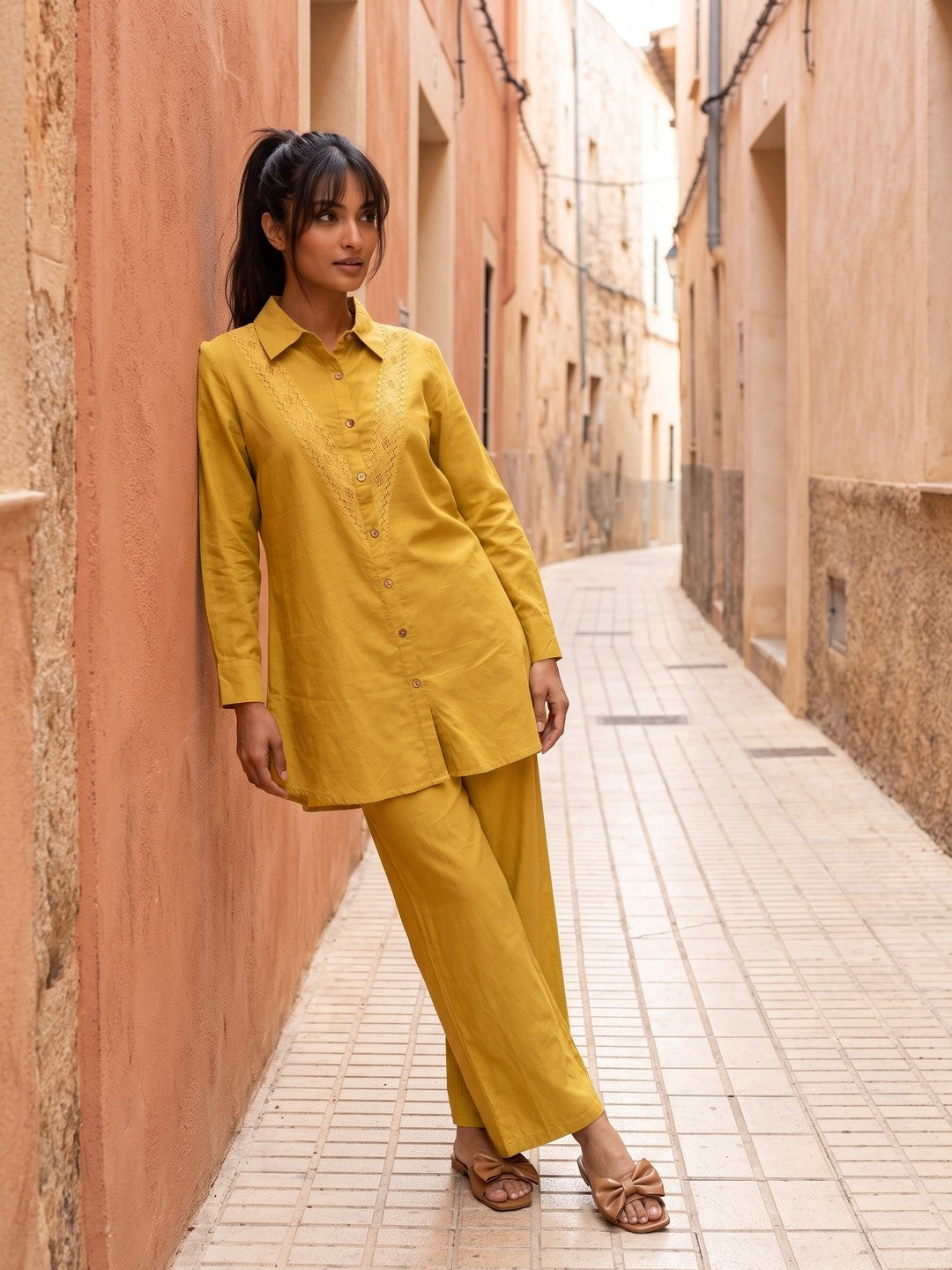 Mustard Shirt Collar Solid Pure Cotton Co-Ord Set With Lace Detail For Women