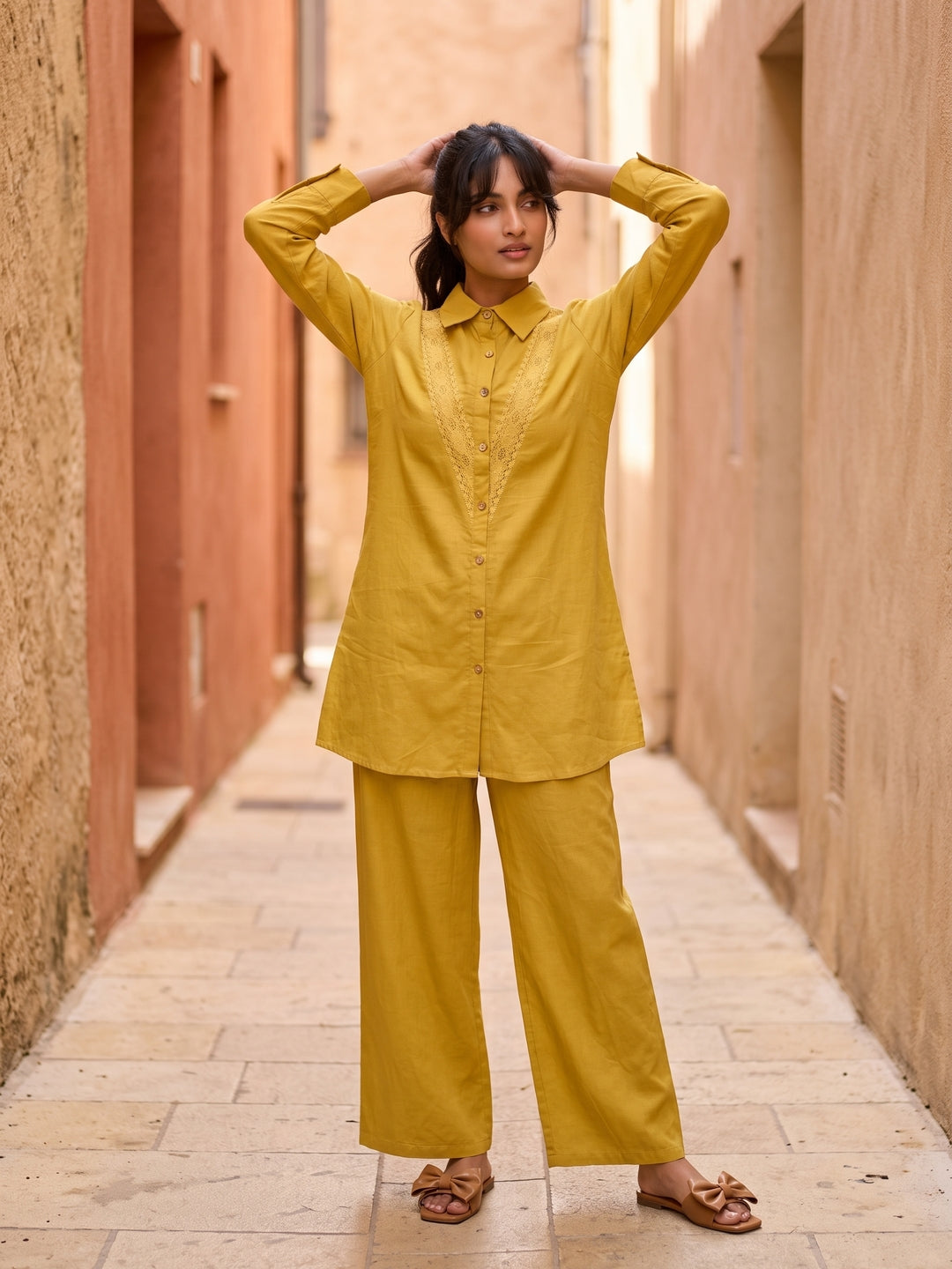 Mustard Shirt Collar Solid Pure Cotton Co-Ord Set With Lace Detail For Women