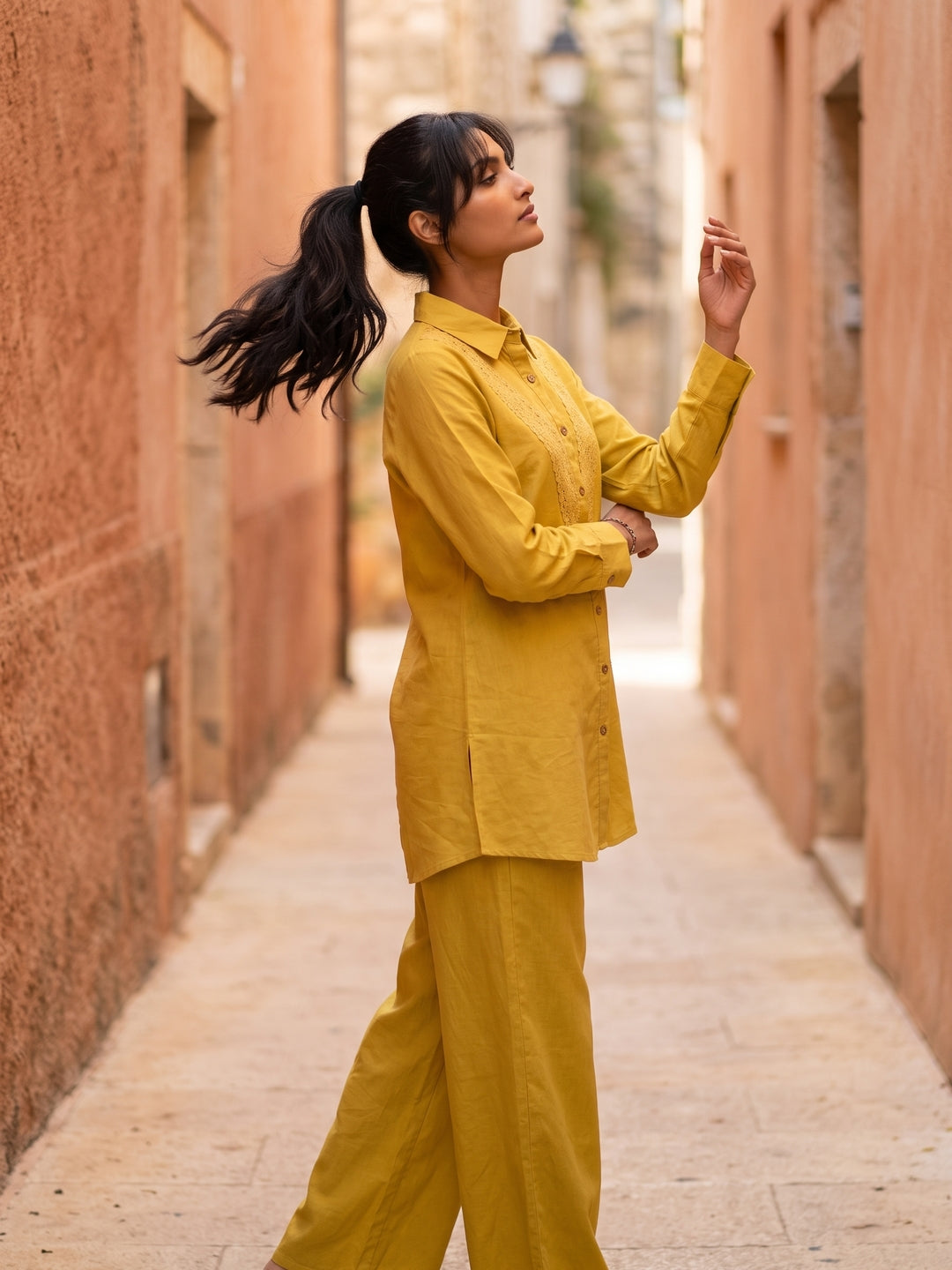 Mustard Shirt Collar Solid Pure Cotton Co-Ord Set With Lace Detail For Women