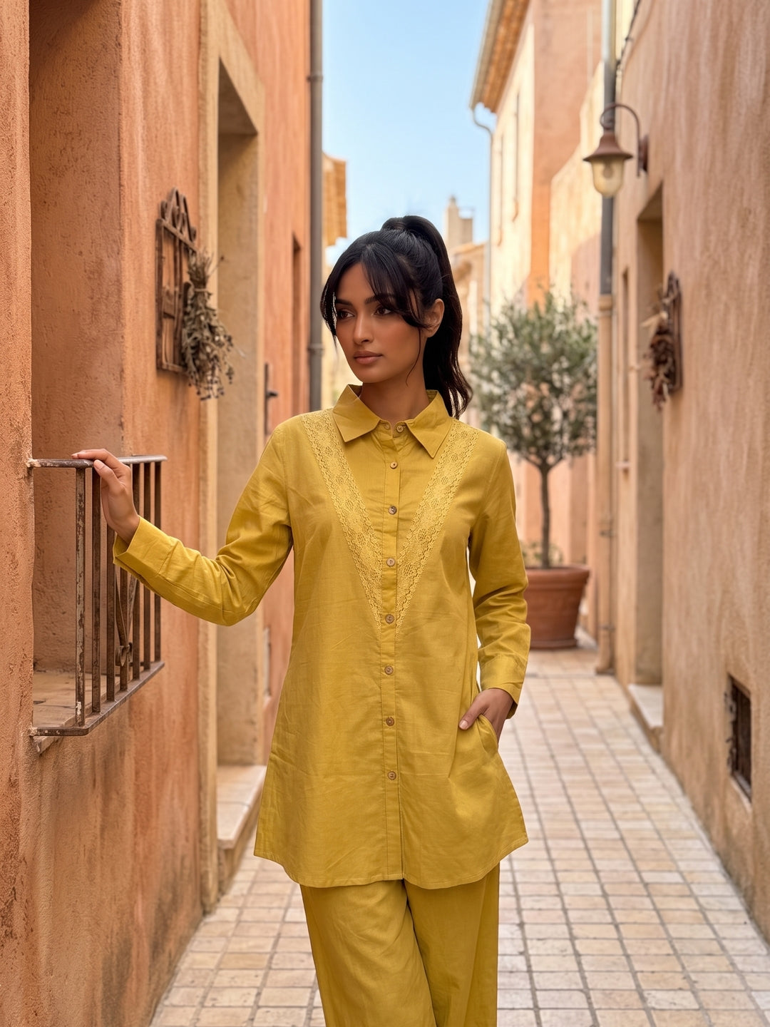 Mustard Shirt Collar Solid Pure Cotton Co-Ord Set With Lace Detail For Women