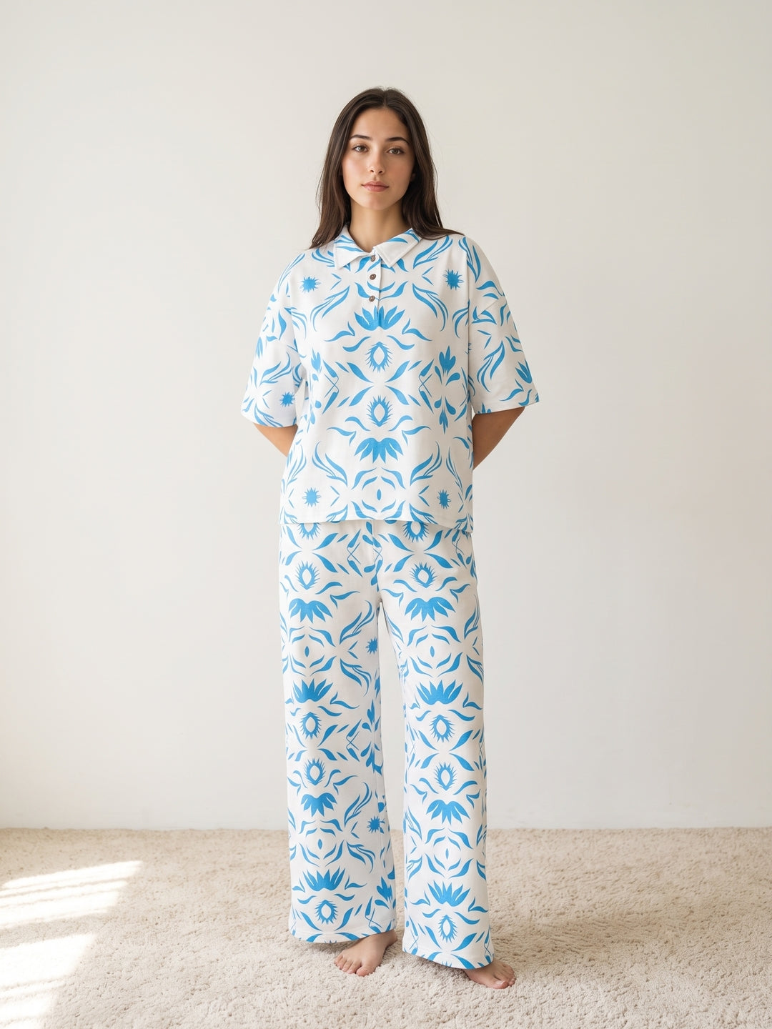 White Abstract Shirt Collar Lycra Night Suit Set For Women