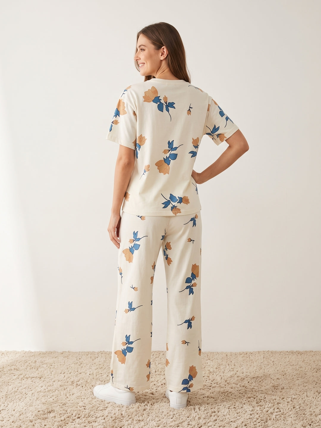White Floral Round Neck Lycra Night Suit Set For Women