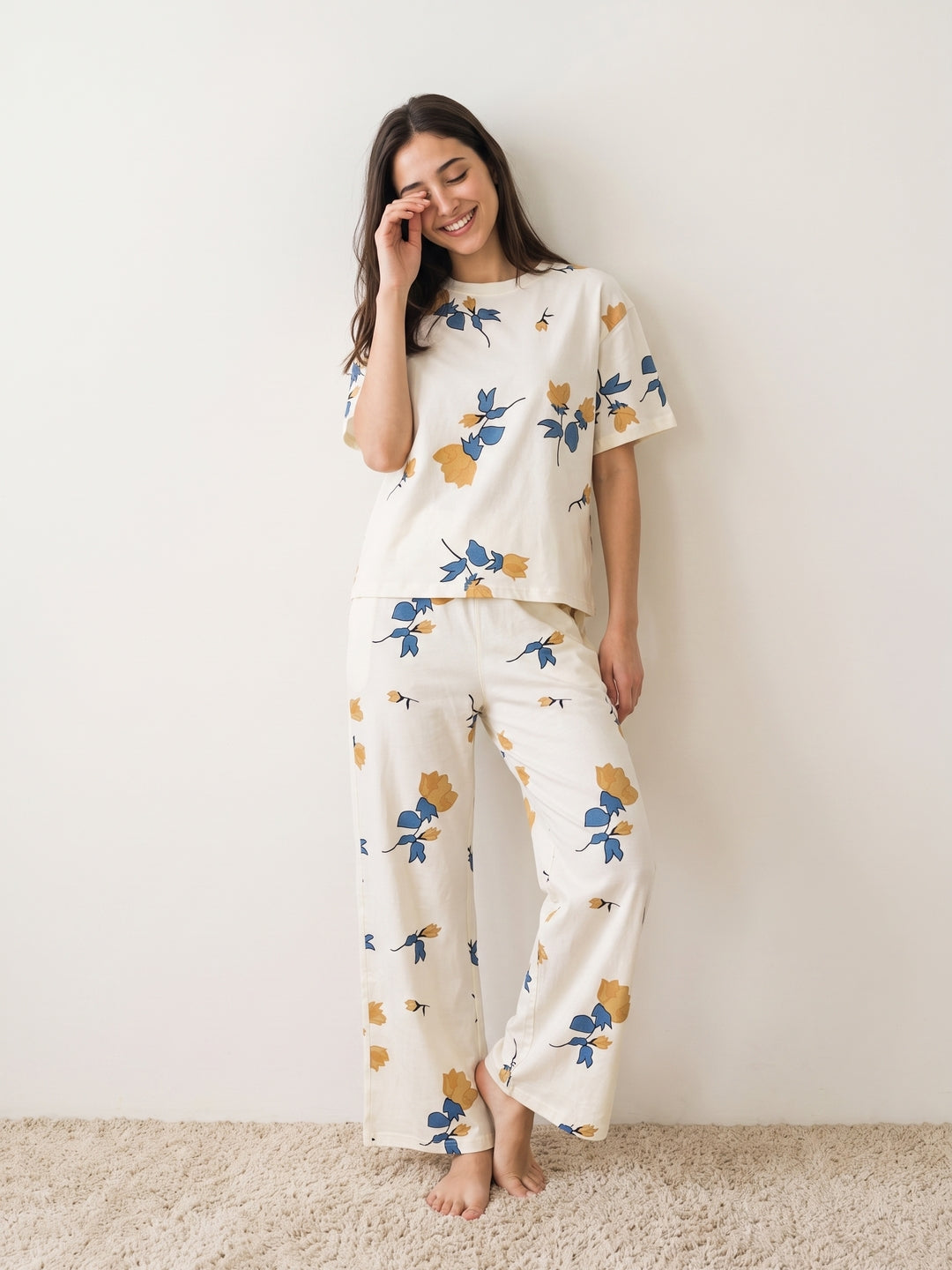 White Floral Round Neck Lycra Night Suit Set For Women