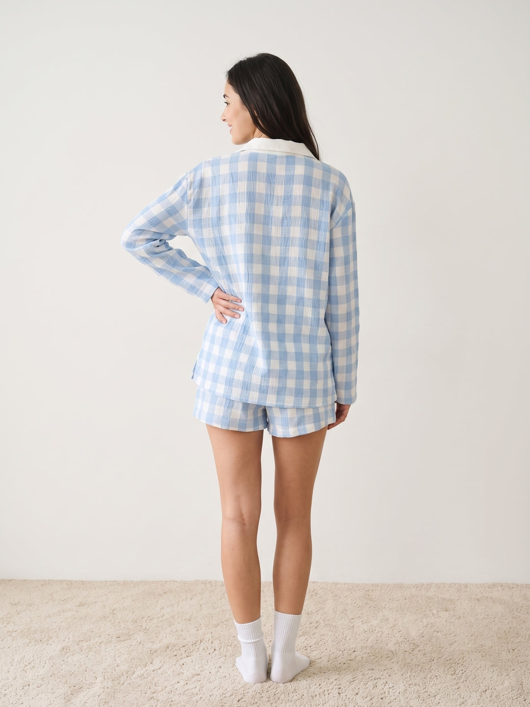 Blue Shirt Collar Checks Pure Cotton Shorts Set For Women