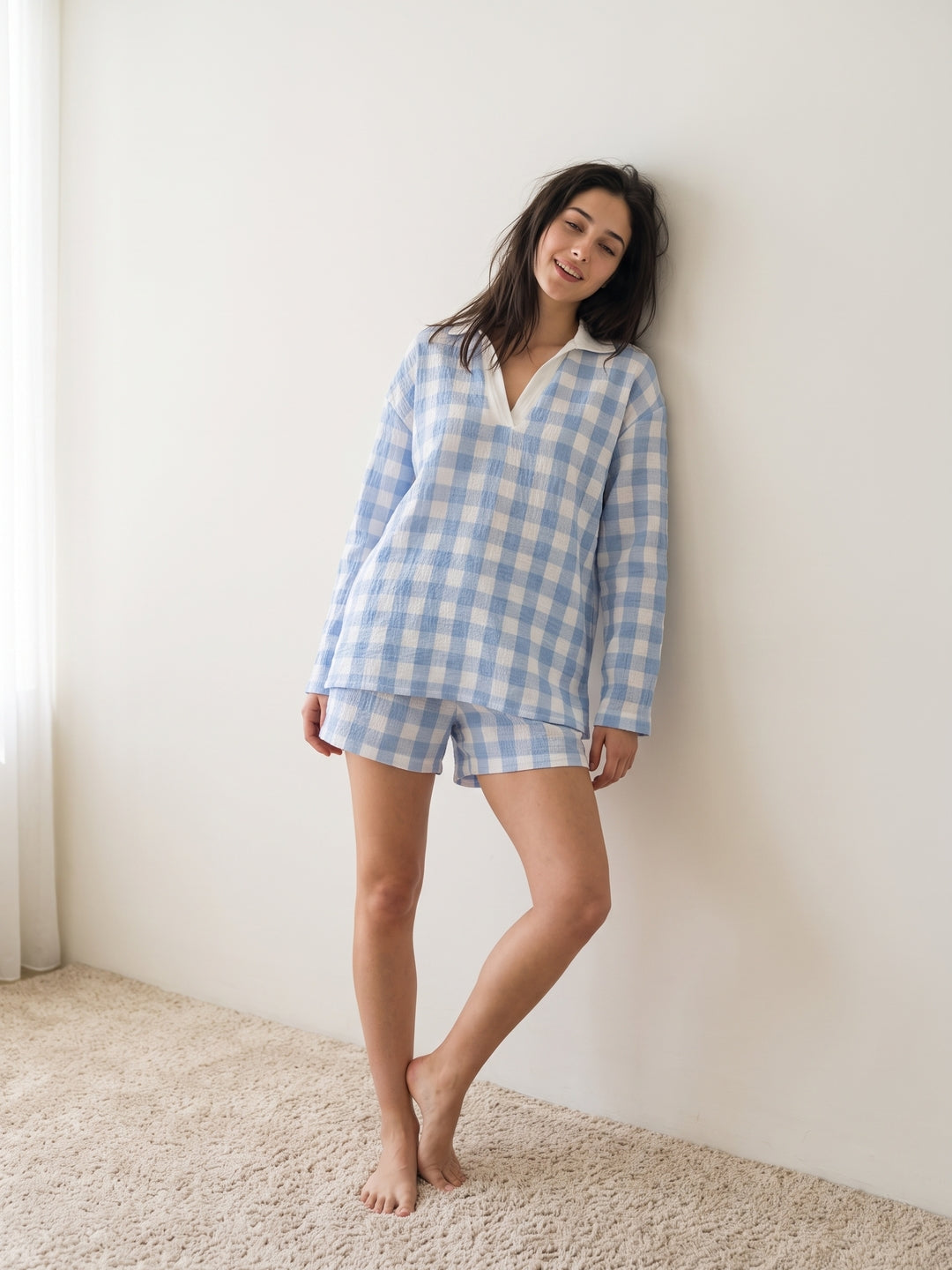 Blue Shirt Collar Checks Pure Cotton Shorts Set For Women