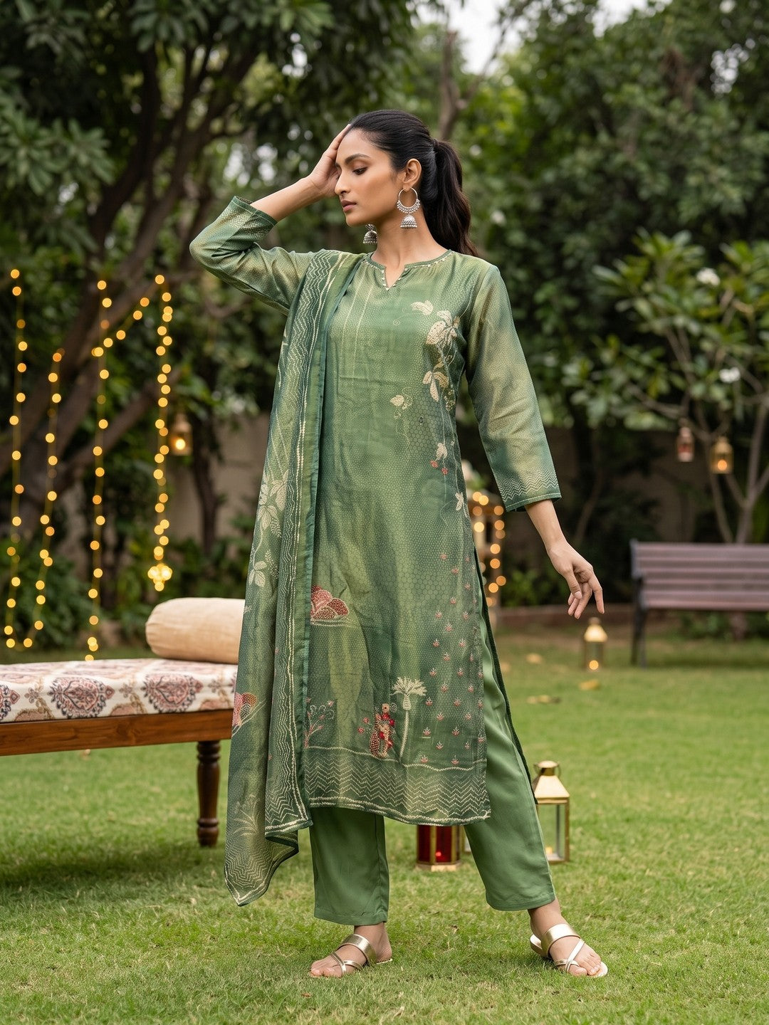 Green Round Neck Floral Kurta Set With Dupatta For Women