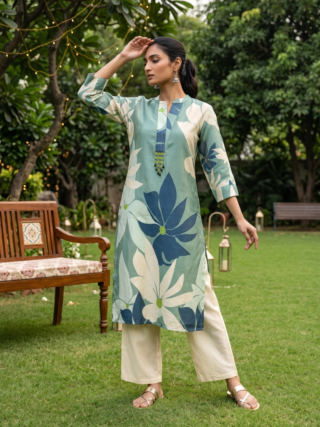 Green Mandarin Neck Floral Print Kurta Set For Women